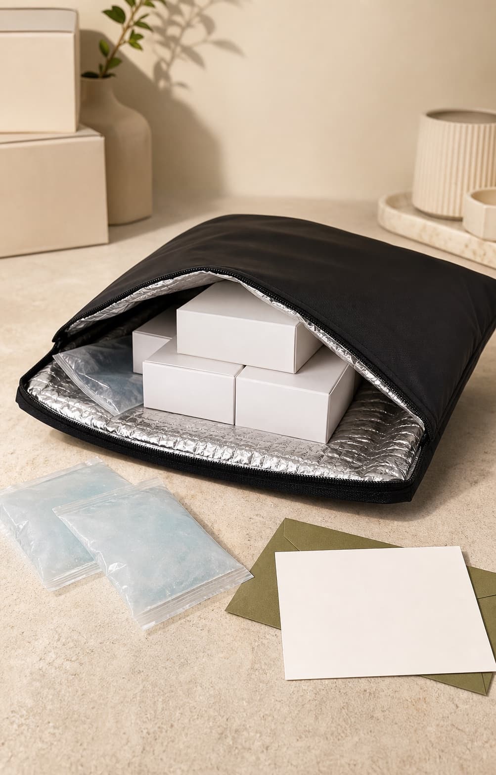 Insulated cold-chain packaging with plain product boxes