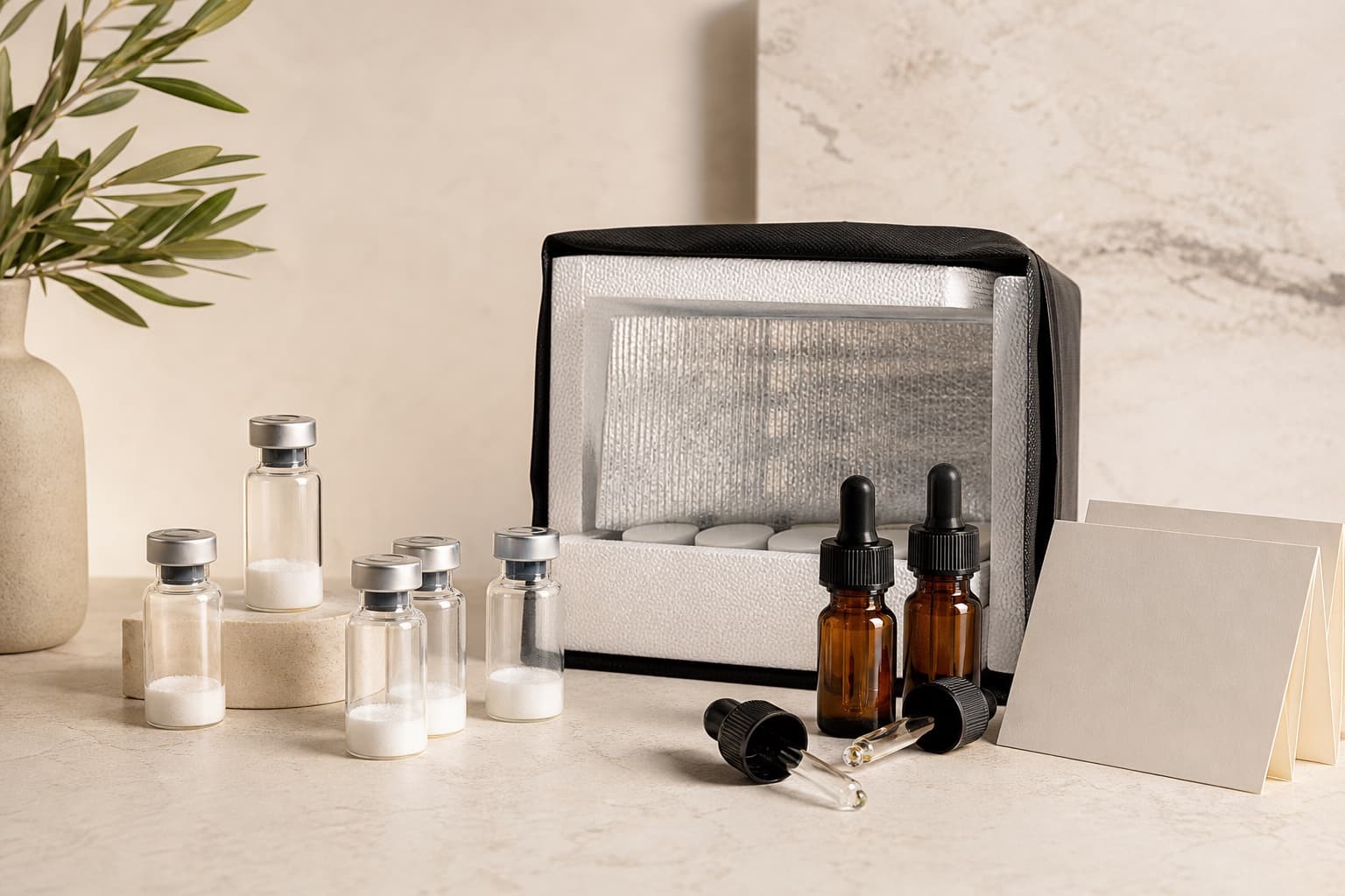 Peptide vials, cosmetic droppers, and cold-chain packaging on a cream lab surface