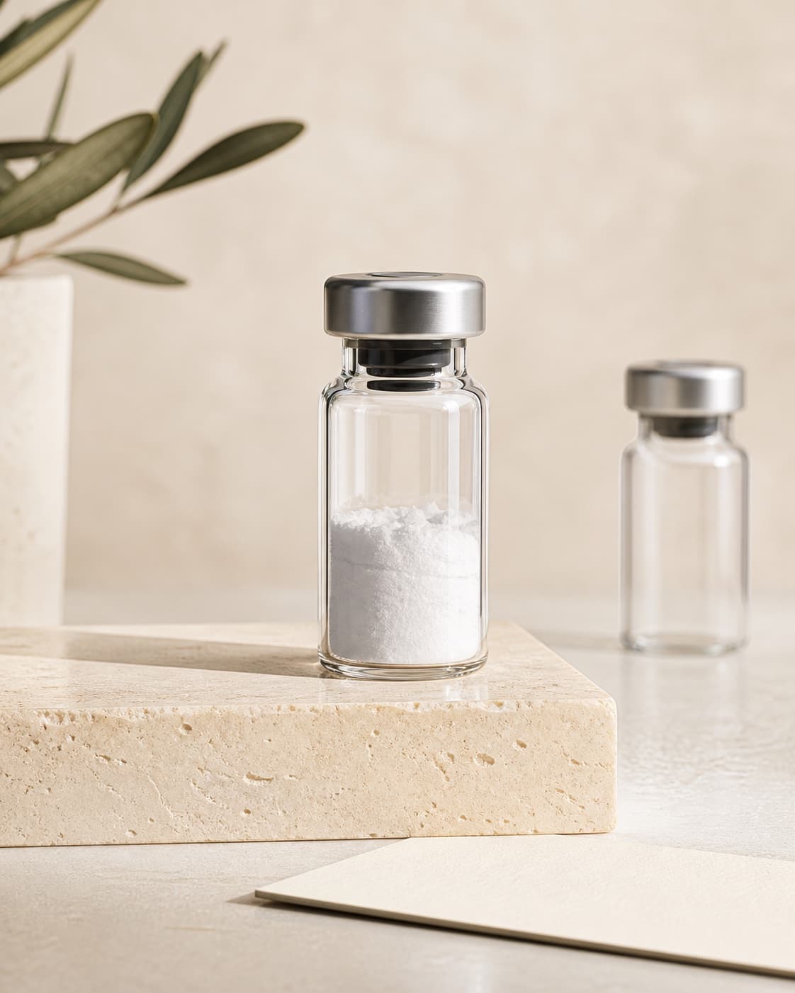 Unlabeled peptide vial on a stone pedestal