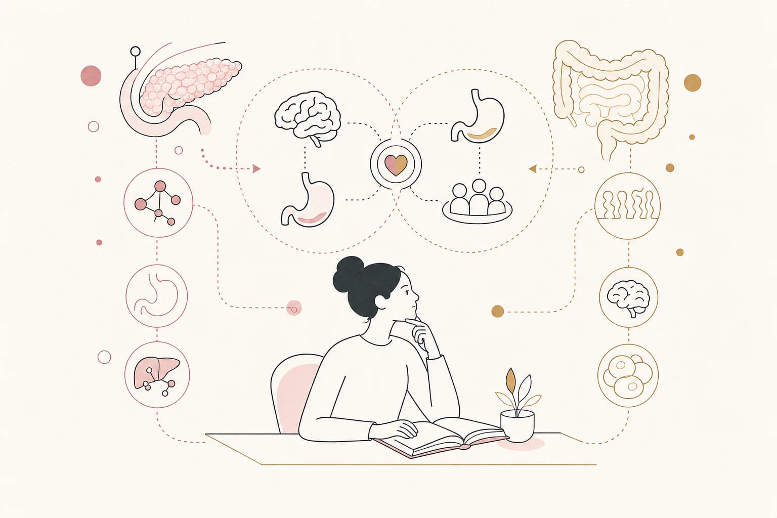 Editorial illustration for “Amylin vs GLP-1: How Two Appetite Pathways Differ,” showing a Filipino reader examining the research context.