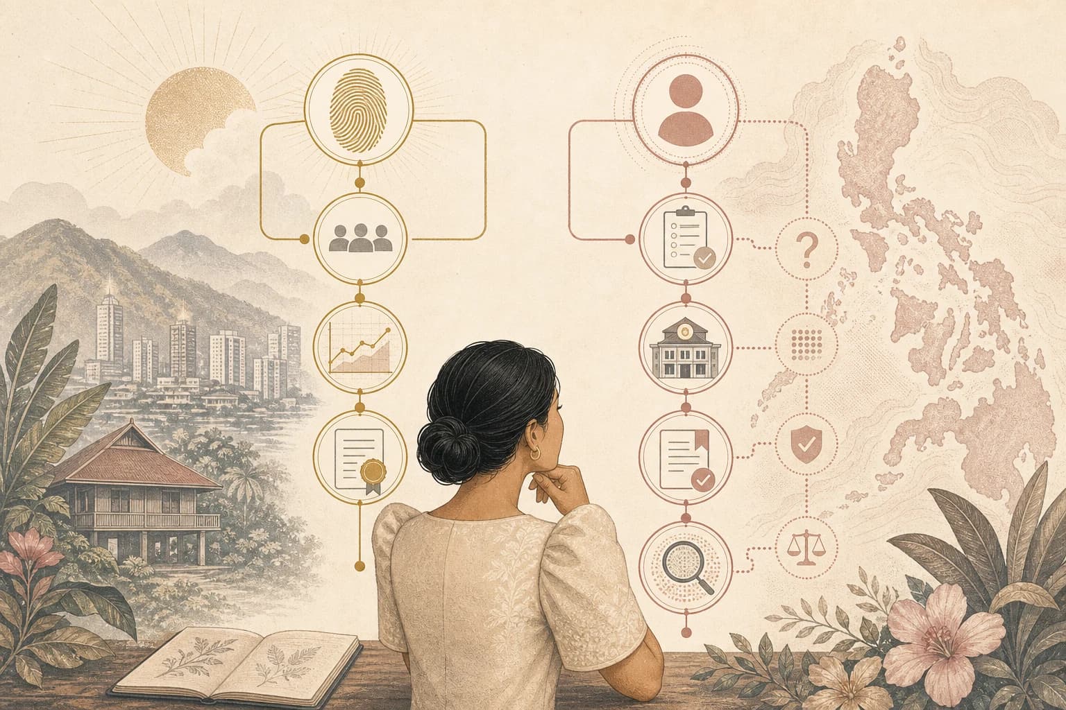 Editorial illustration of a Filipino reader comparing product identity, evidence, and regulatory records for GLP-1 products.