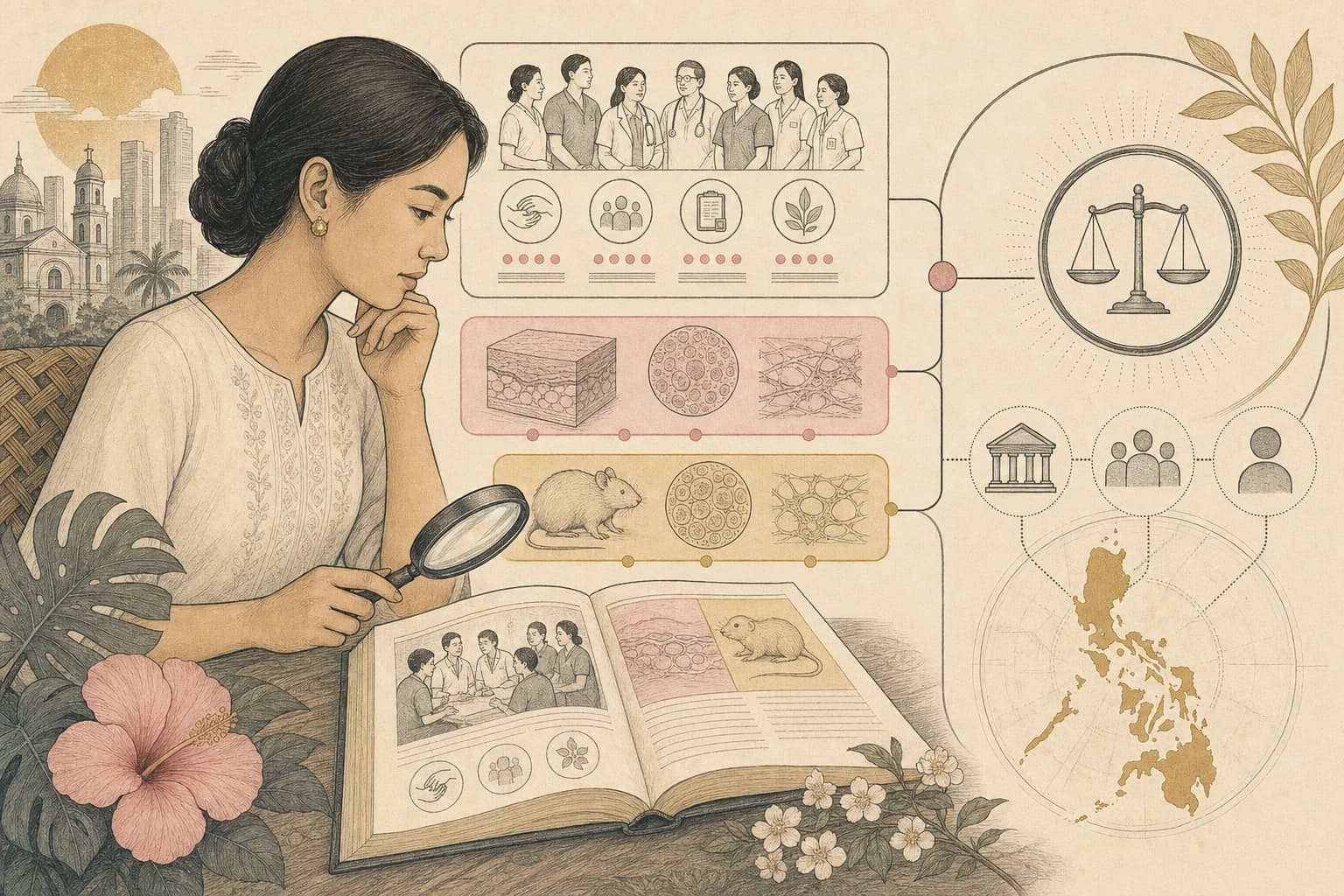 Editorial illustration about reading diabetic wound research carefully in the Philippines.