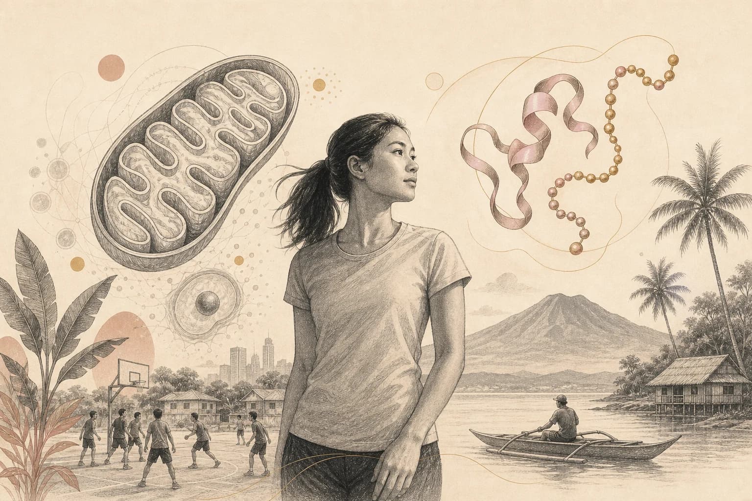 Editorial illustration for “Exercise, mitochondria, and MOTS-c: why the basic biology matters,” created for Philippine readers.
