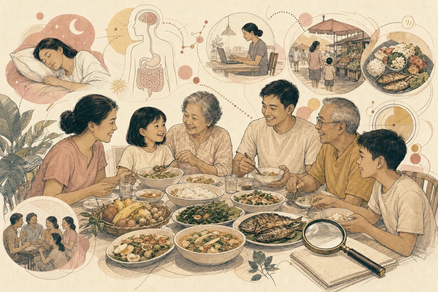 Editorial illustration about Filipino food culture, shared meals, and appetite research viewed without blame.