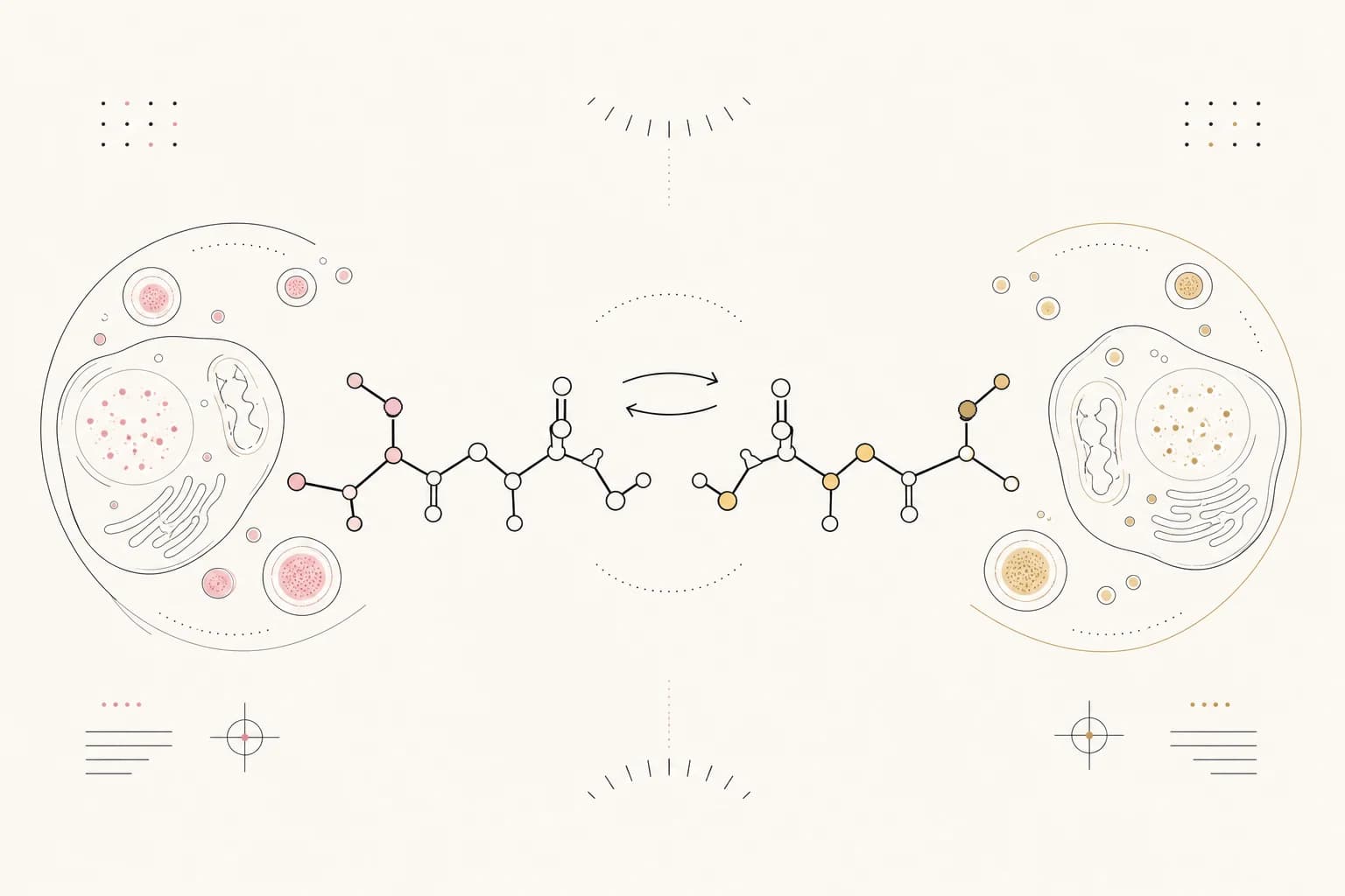 Editorial illustration of glutathione redox states, a molecular chain, and cell research motifs.