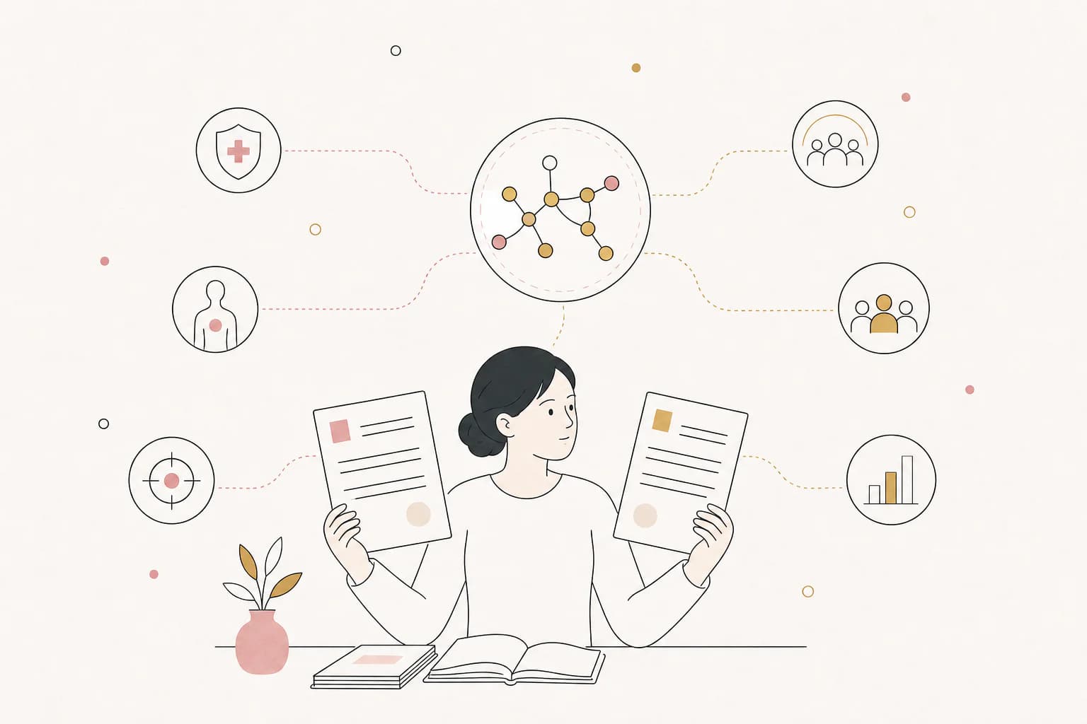 Editorial illustration for “How to Read Mounjaro and Zepbound Records,” showing a Filipino reader examining the research context.