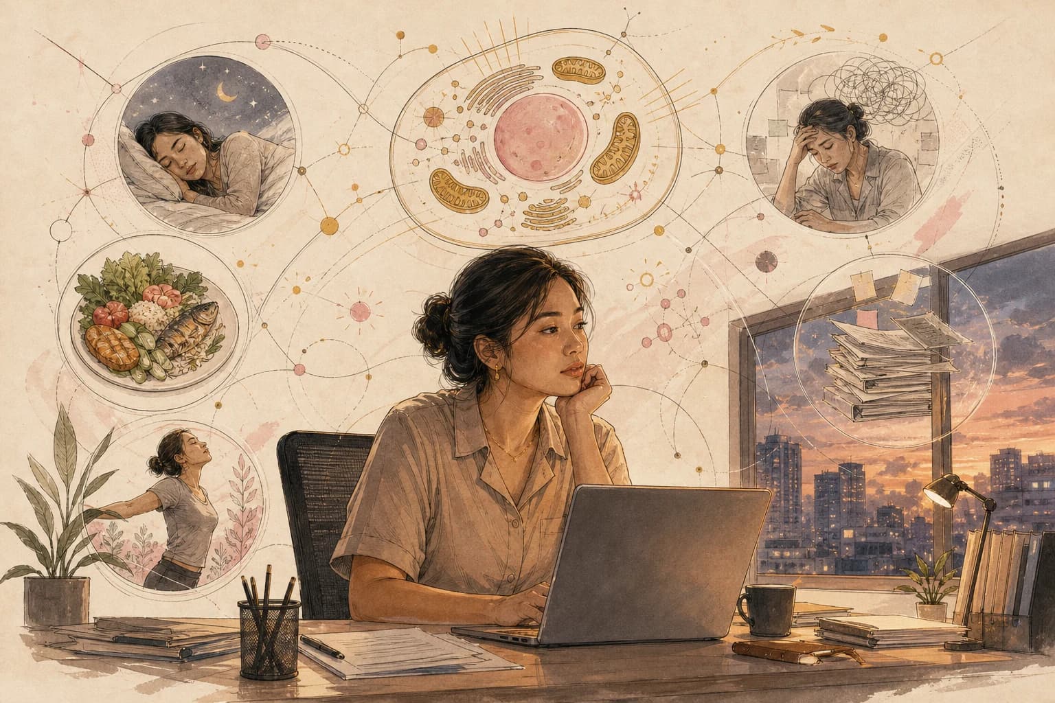 Editorial illustration showing the different meanings hidden inside NAD+ and everyday energy claims.