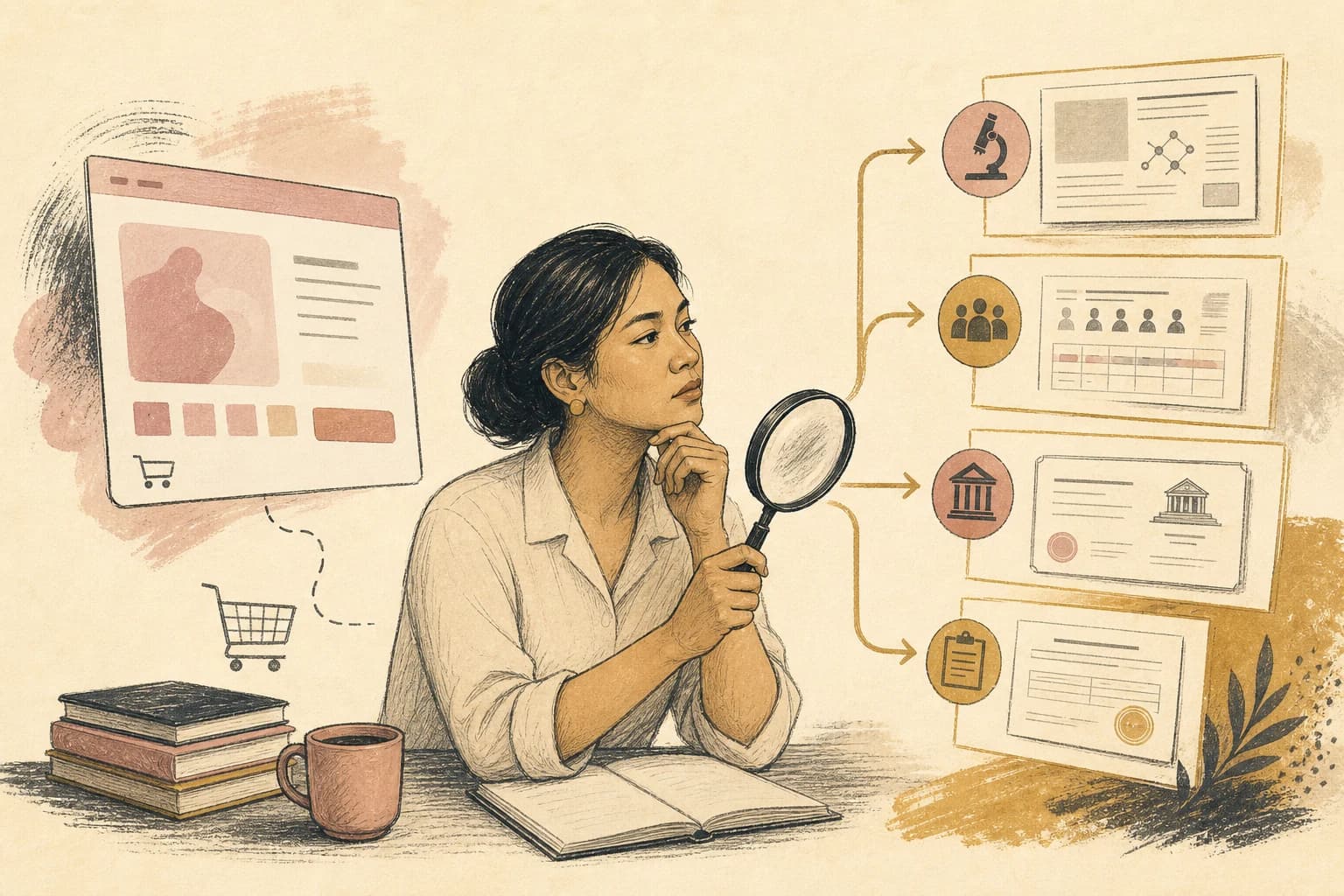 Editorial illustration of a Filipino reader comparing an online listing with official research and regulatory records.