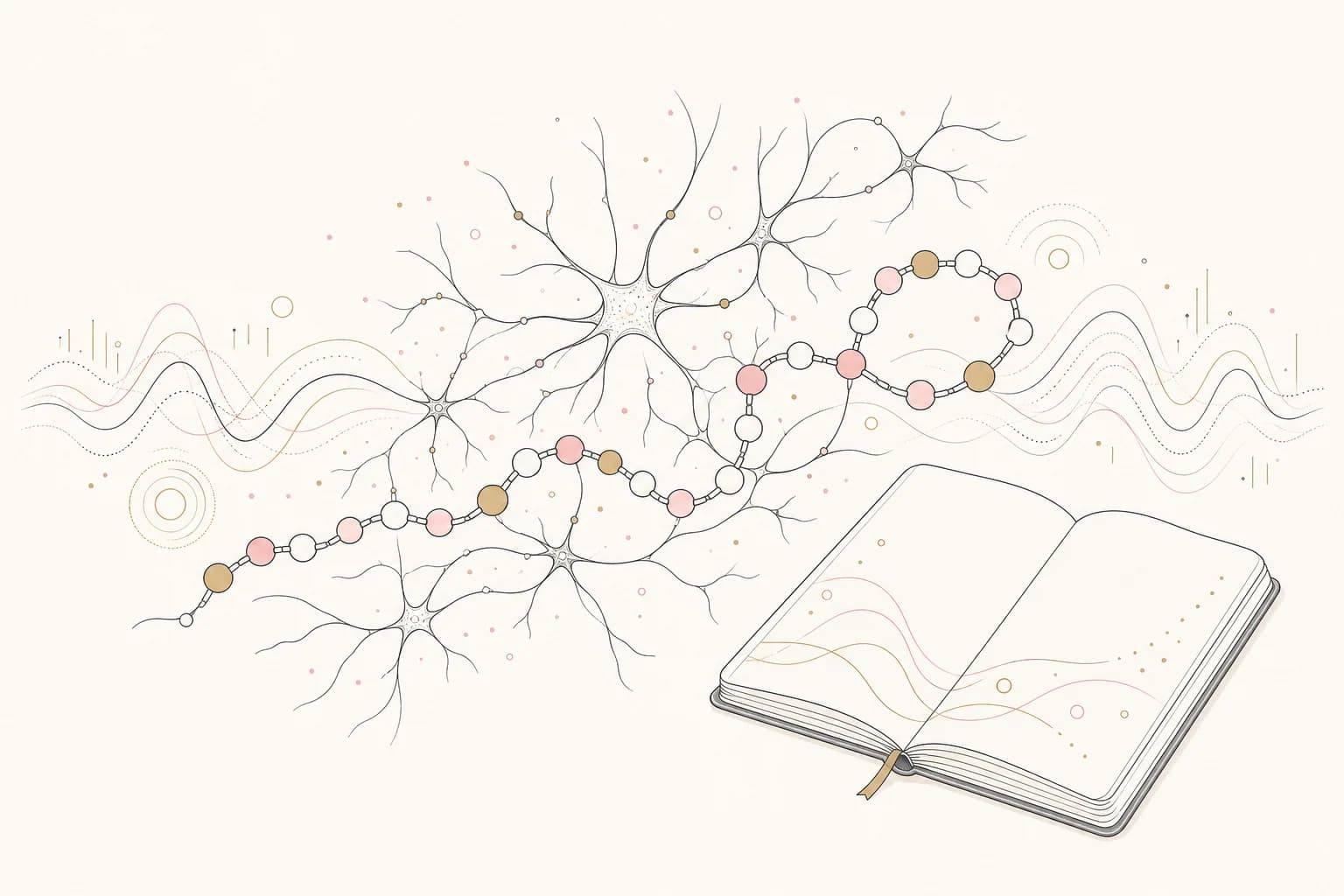 Editorial illustration of a peptide chain, neural pathways, and a research notebook for Selank.