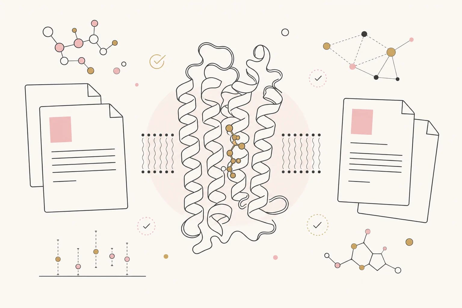 Editorial illustration of a semaglutide molecule, a GLP-1 receptor, and research papers.