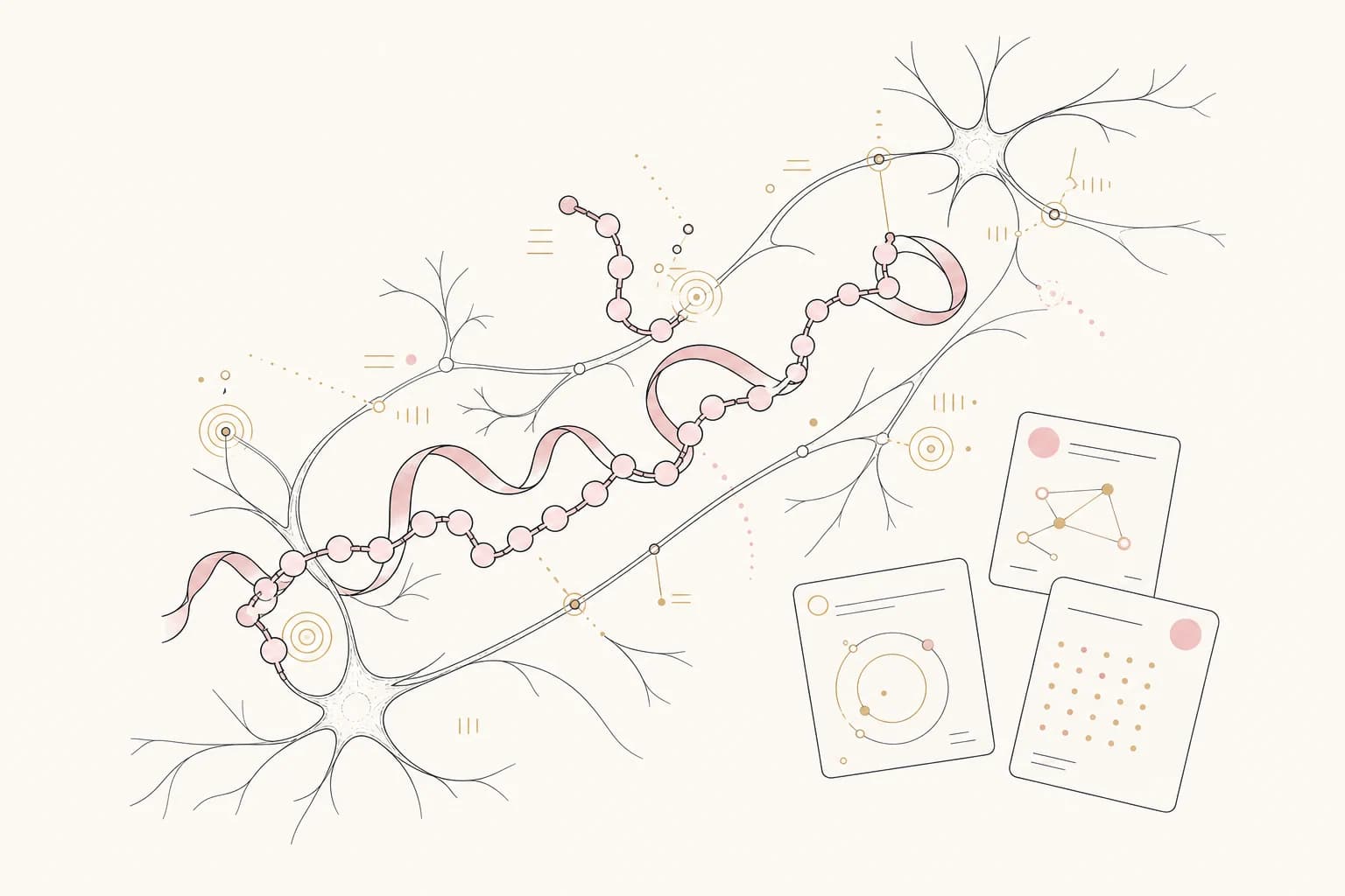 Editorial illustration of a Semax peptide ribbon crossing neural pathways and research cards.