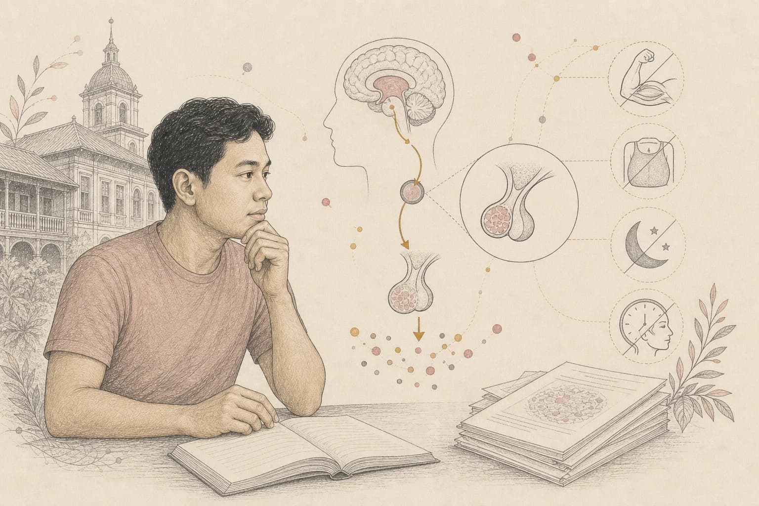 Editorial illustration of a Filipino reader examining hormone signaling and human-study records
