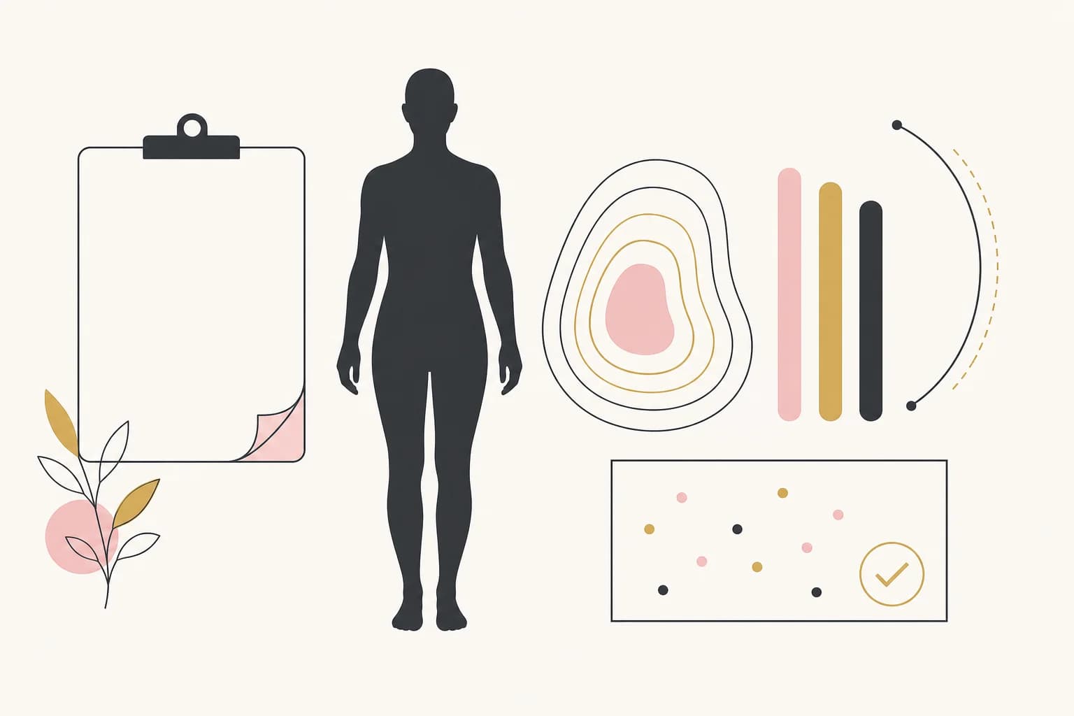 Editorial illustration of body-composition measurements used in tesamorelin research.