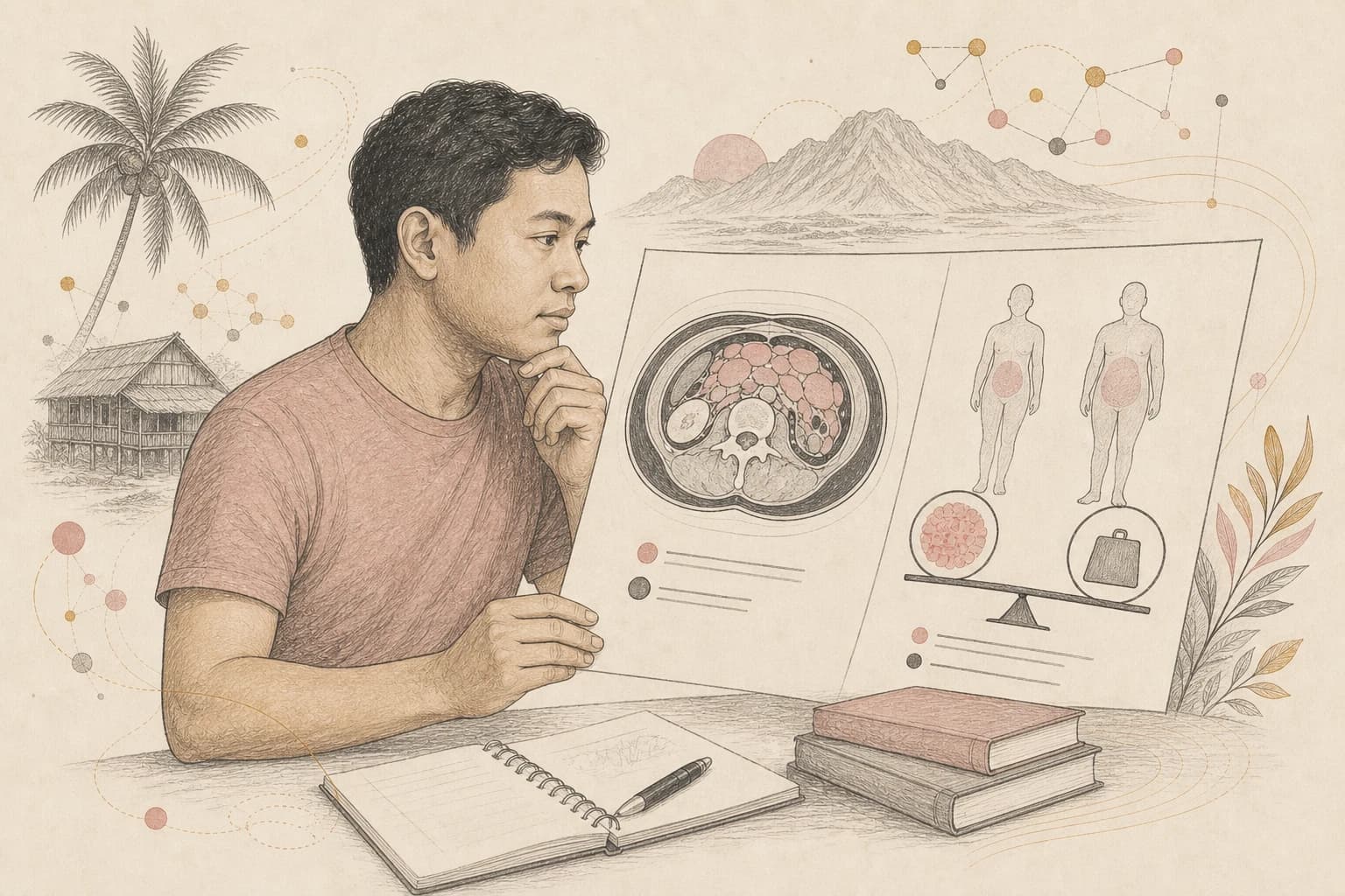 Editorial illustration of a Filipino reader, an abdominal scan, and neutral clinical-trial data