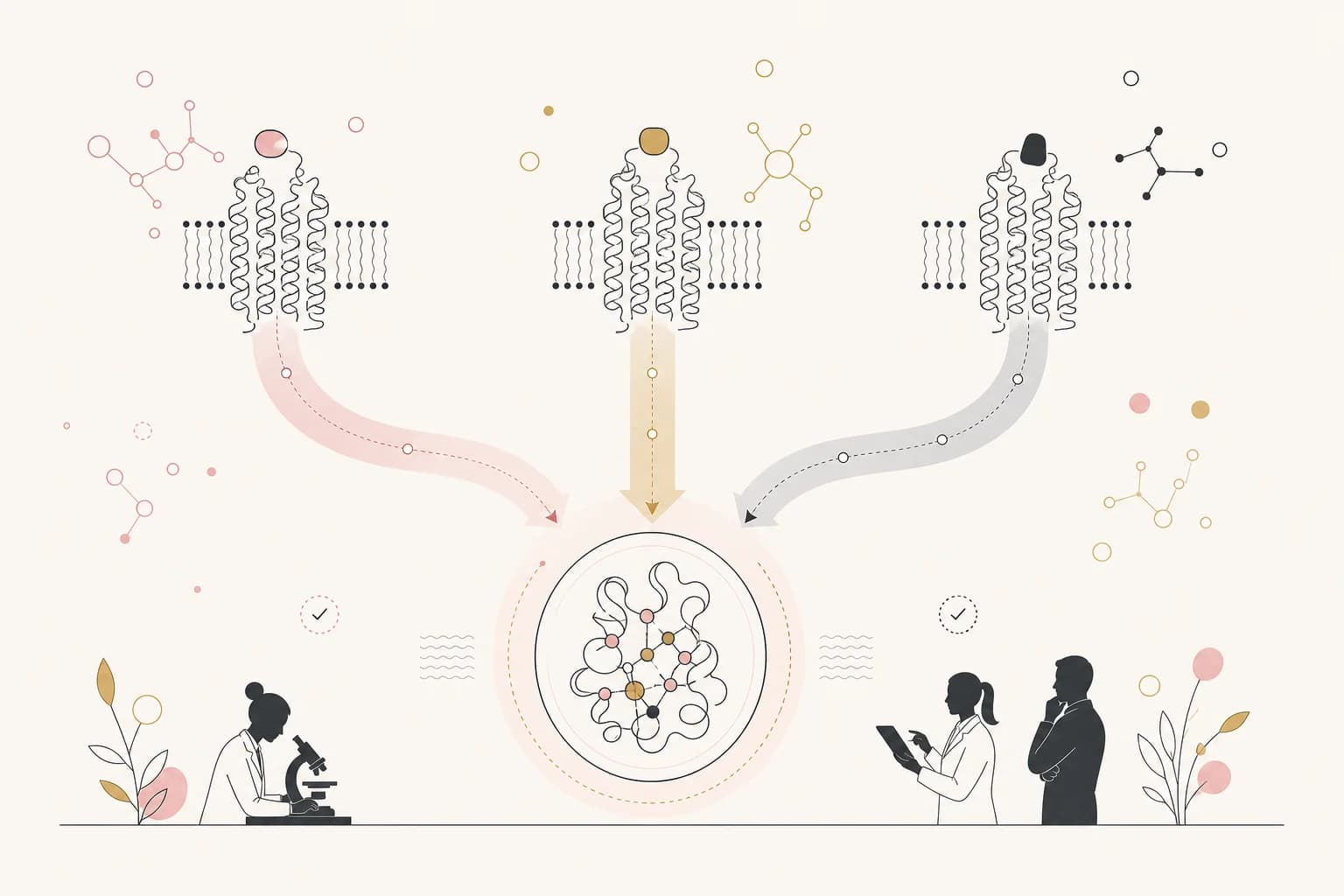 Editorial illustration of retatrutide and its three receptor pathways.