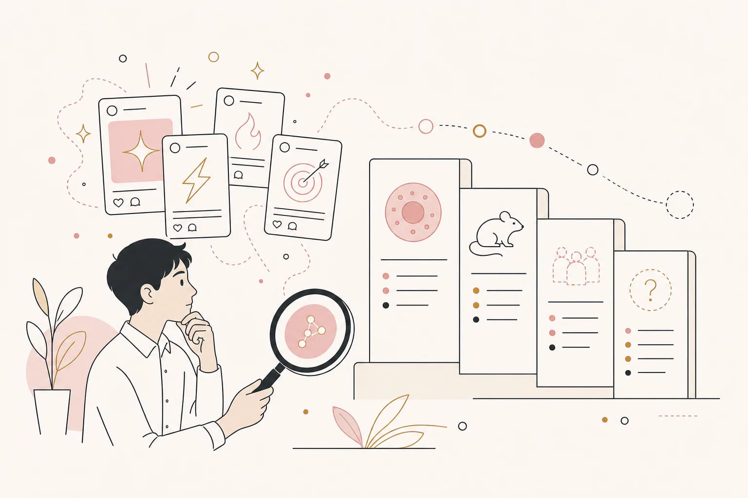 Editorial illustration for “5-Amino-1MQ evidence gaps: what social posts often leave out,” showing a Filipino reader examining the research context.