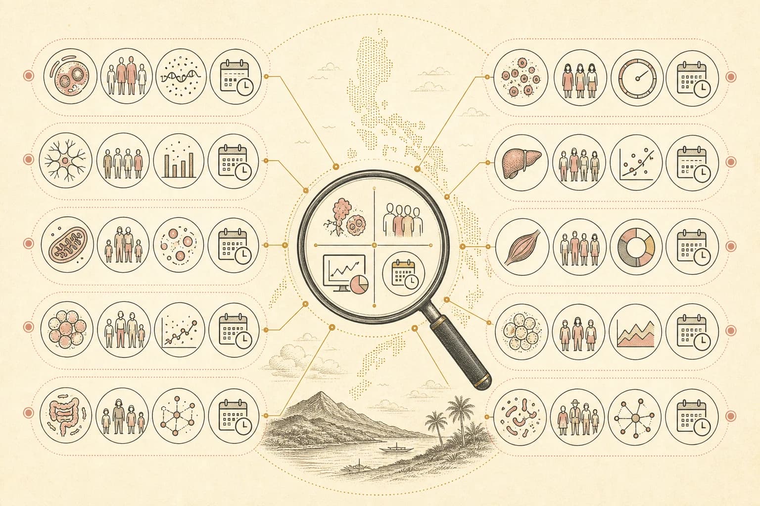 Evidence map comparing study targets, populations, endpoints, and follow-up periods.