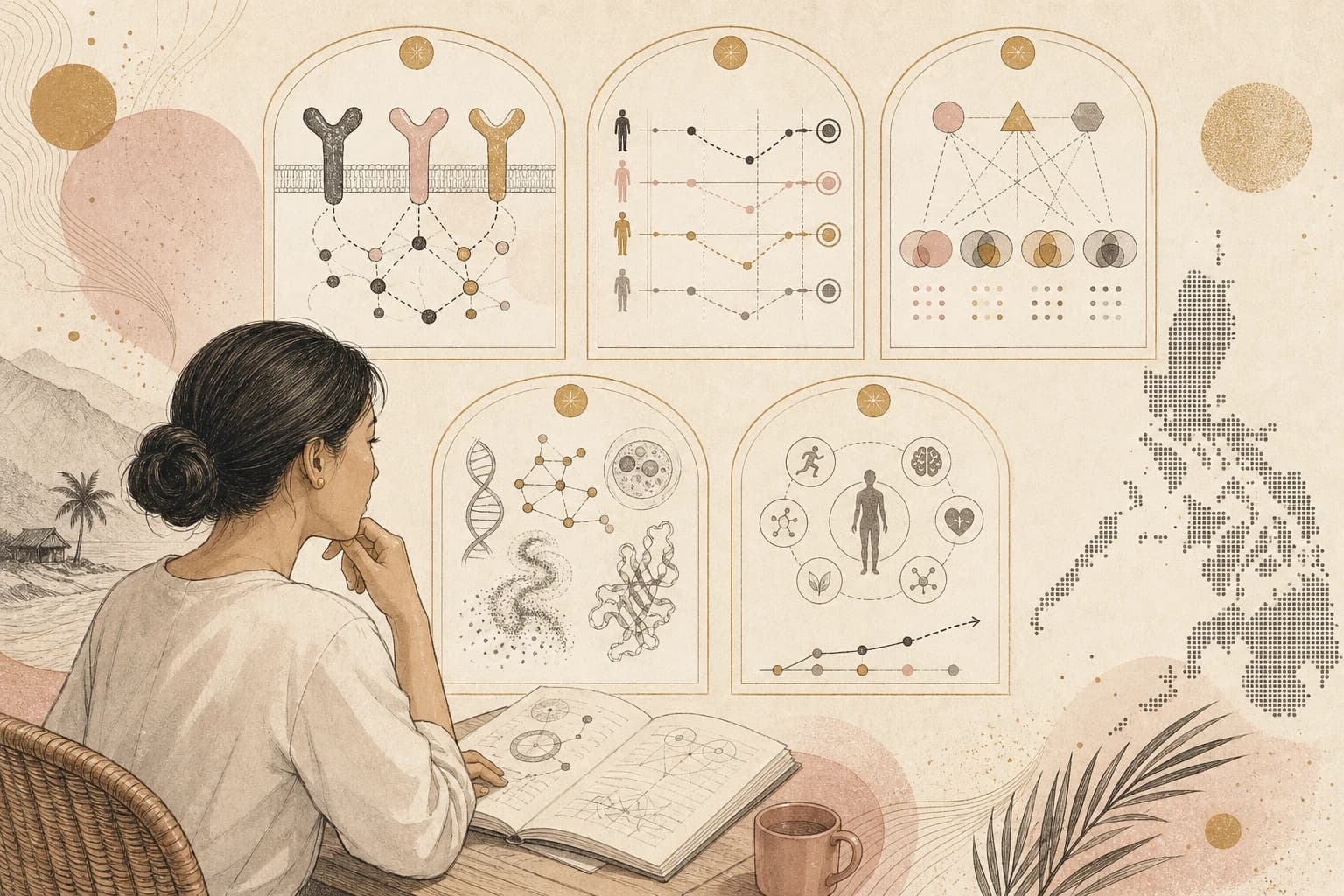 Editorial illustration of a Filipino reader reviewing five metabolic research developments.
