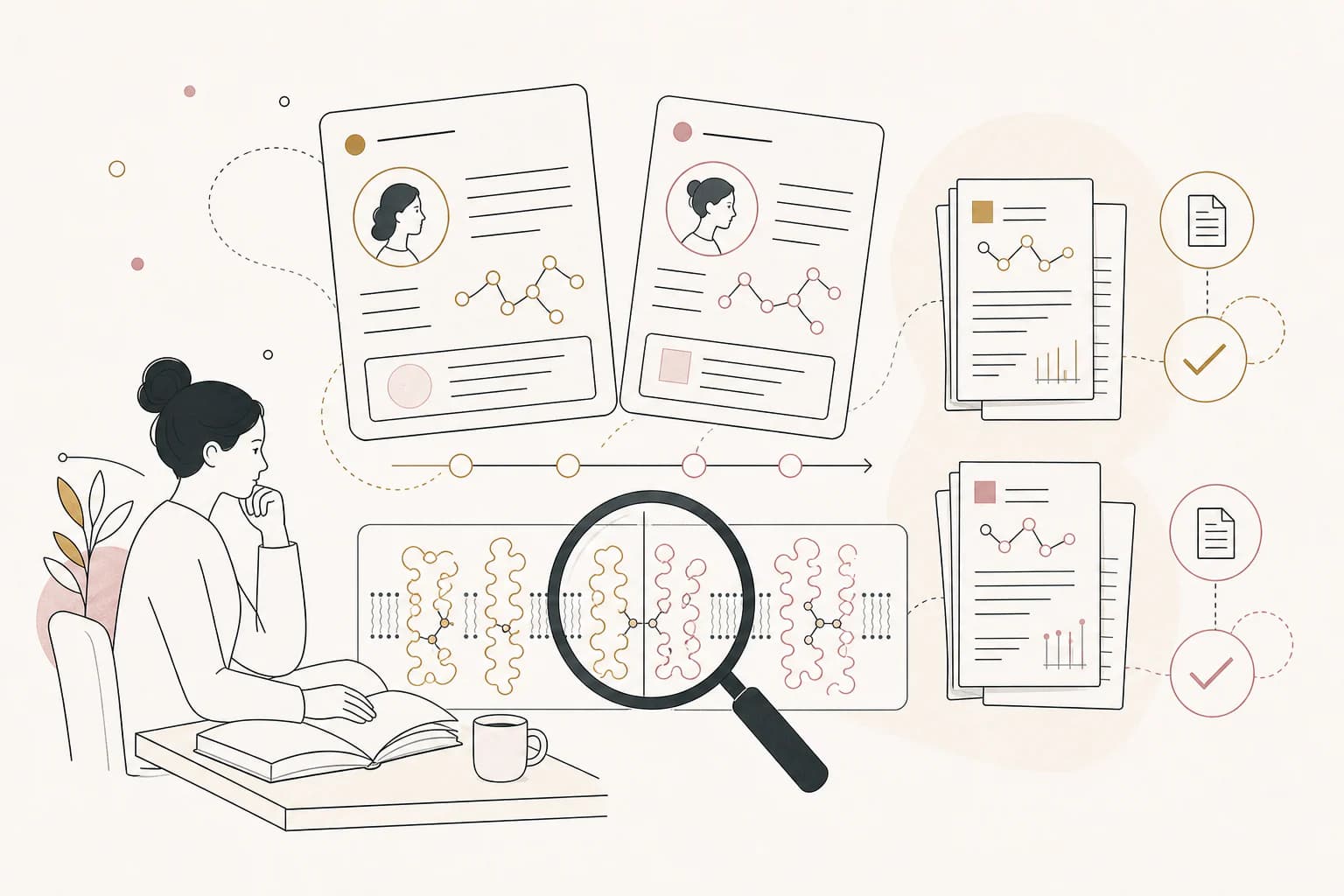 Editorial illustration for “A name guide to AOD-9604 and HGH Fragment 176-191,” showing a Filipino reader examining the research context.