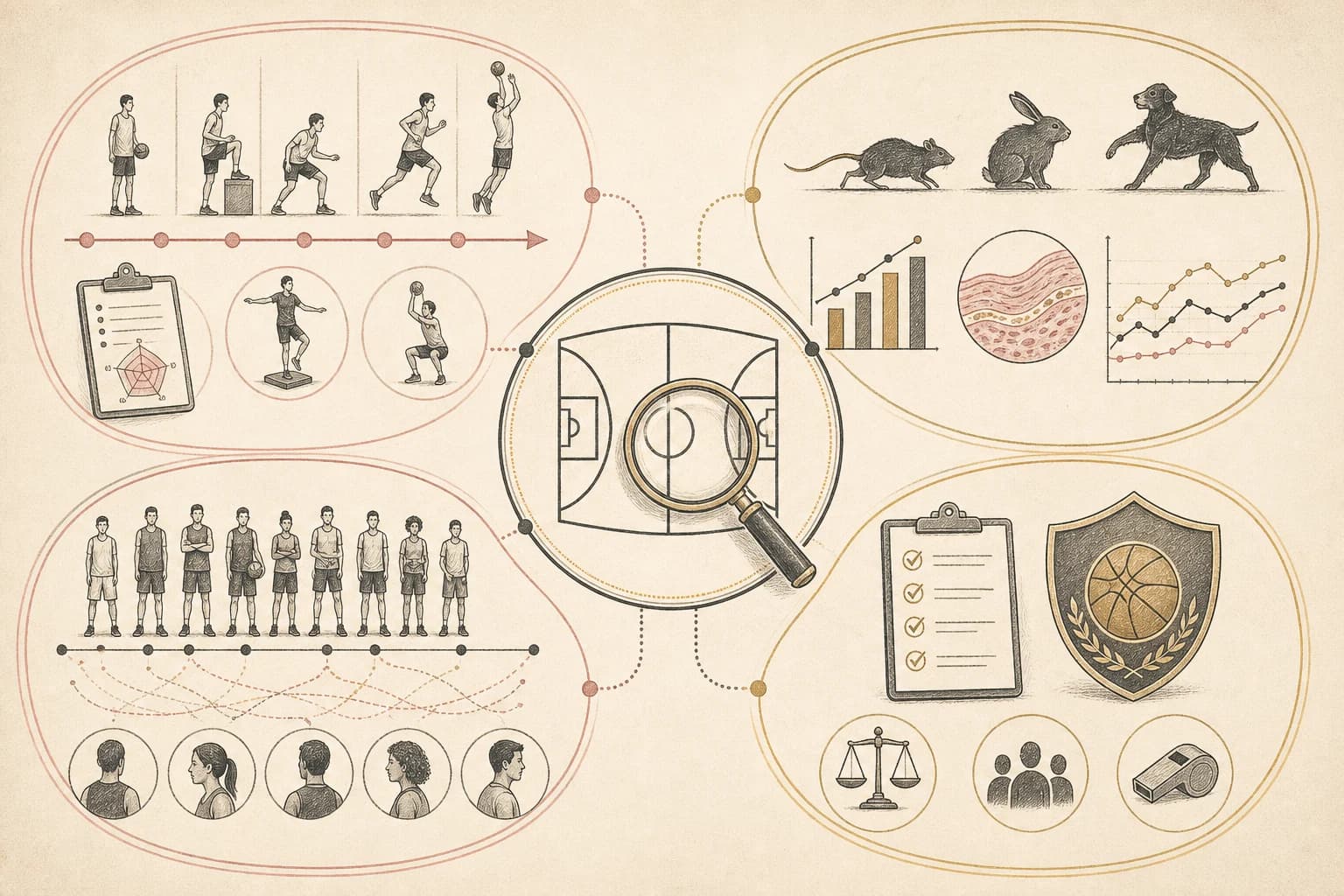 Evidence map separating basketball knee rehabilitation, animal research, human reports, and sport rules.