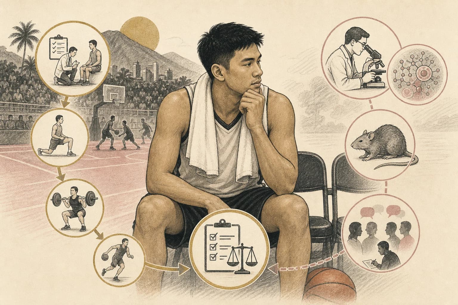 Editorial illustration of a Filipino basketball reader comparing knee rehabilitation evidence with peptide claims.