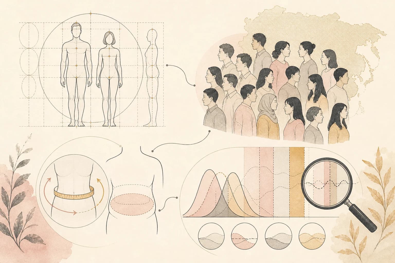 Evidence map comparing international BMI categories, Asian action points, waist measures, and study limits.