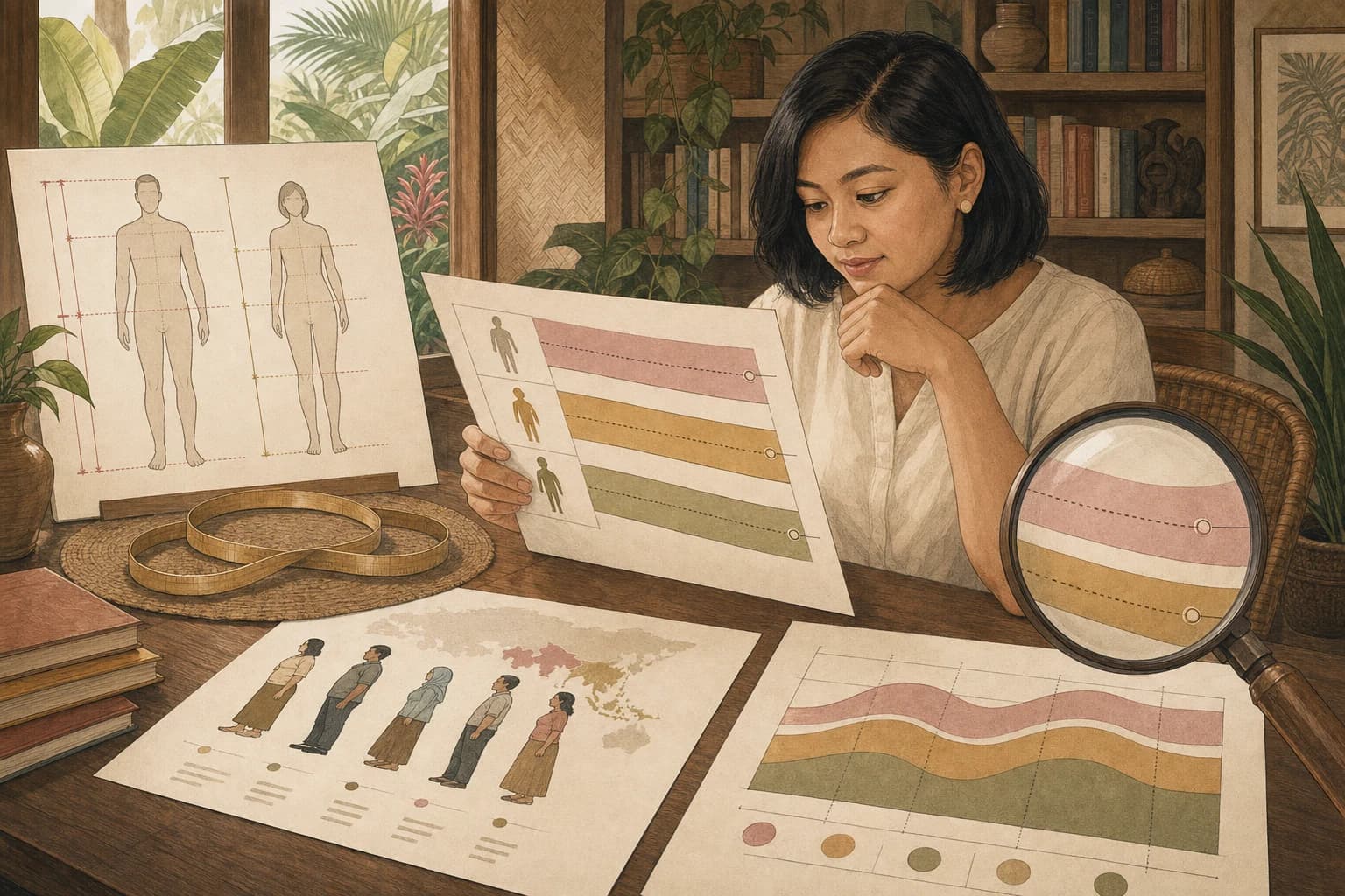 Editorial illustration for a Filipino reader exploring why BMI cutoffs need population and measurement context.