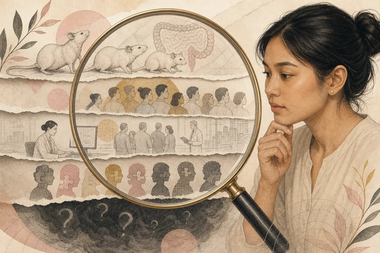 Editorial illustration for a Filipino reader examining the layers of BPC-157 gut-health research.