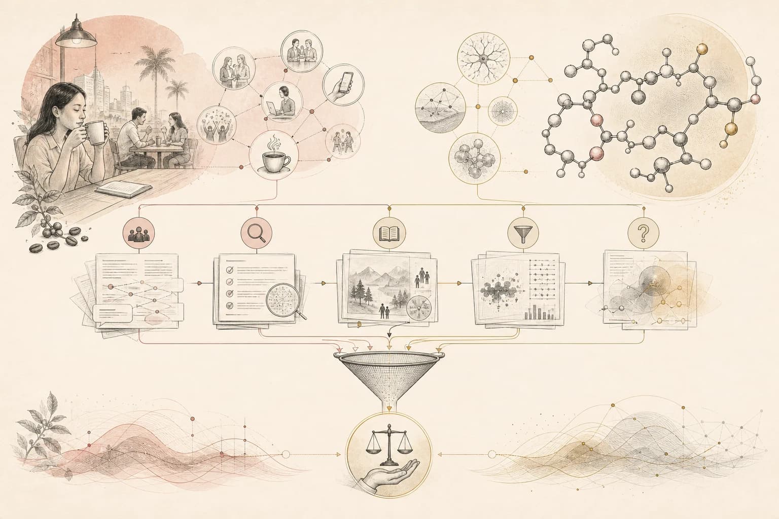 Evidence map separating claims, source verification, study context, and uncertainty for “Caffeine culture vs nootropic peptides: two very different kinds of evidence.”