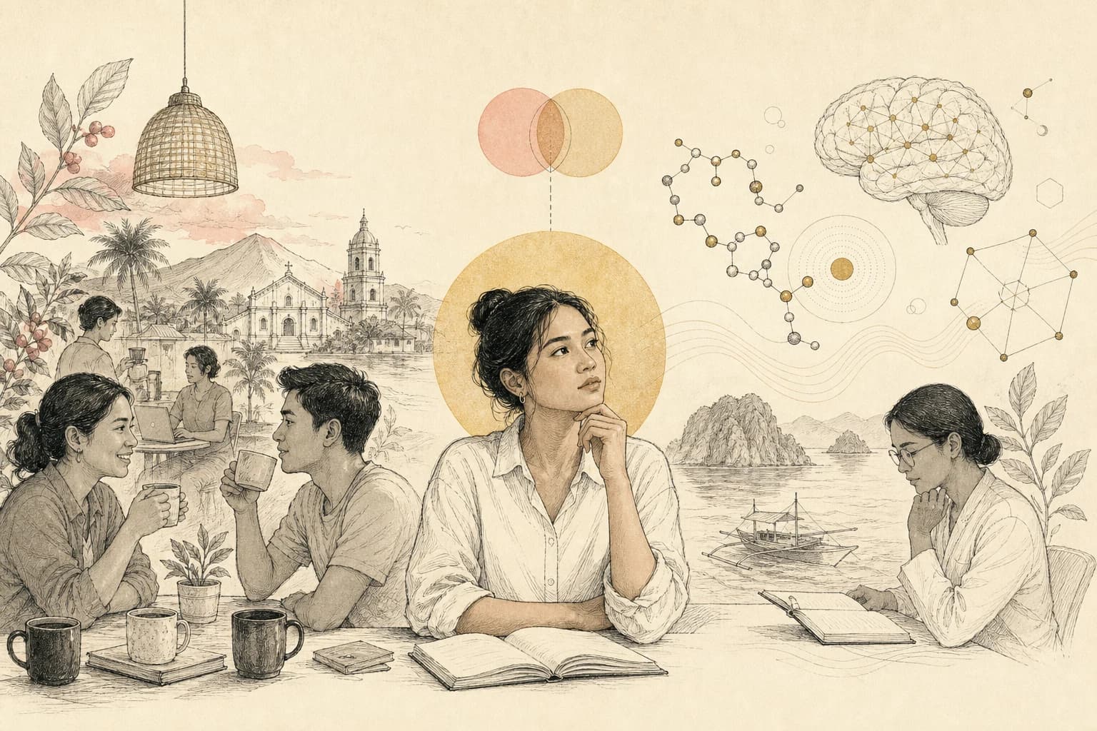Editorial illustration for “Caffeine culture vs nootropic peptides: two very different kinds of evidence,” created for Philippine readers.
