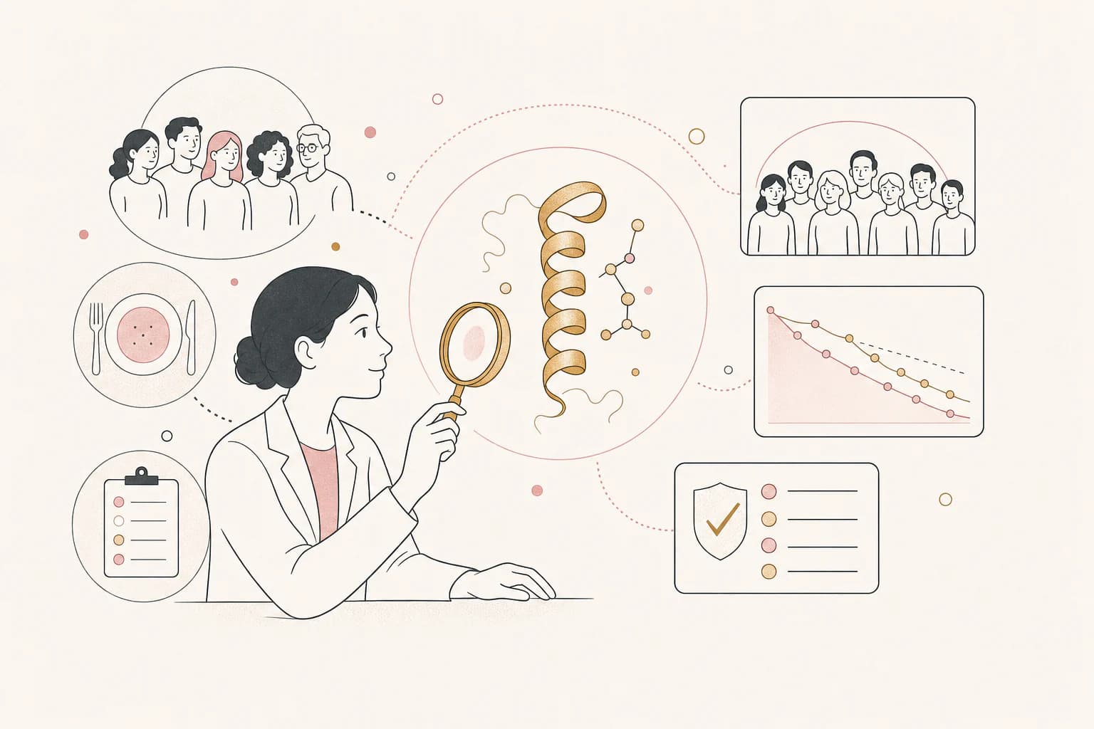 Editorial illustration for “Cagrilintide on its own: what the clinical studies have tested,” showing a Filipino reader examining the research context.