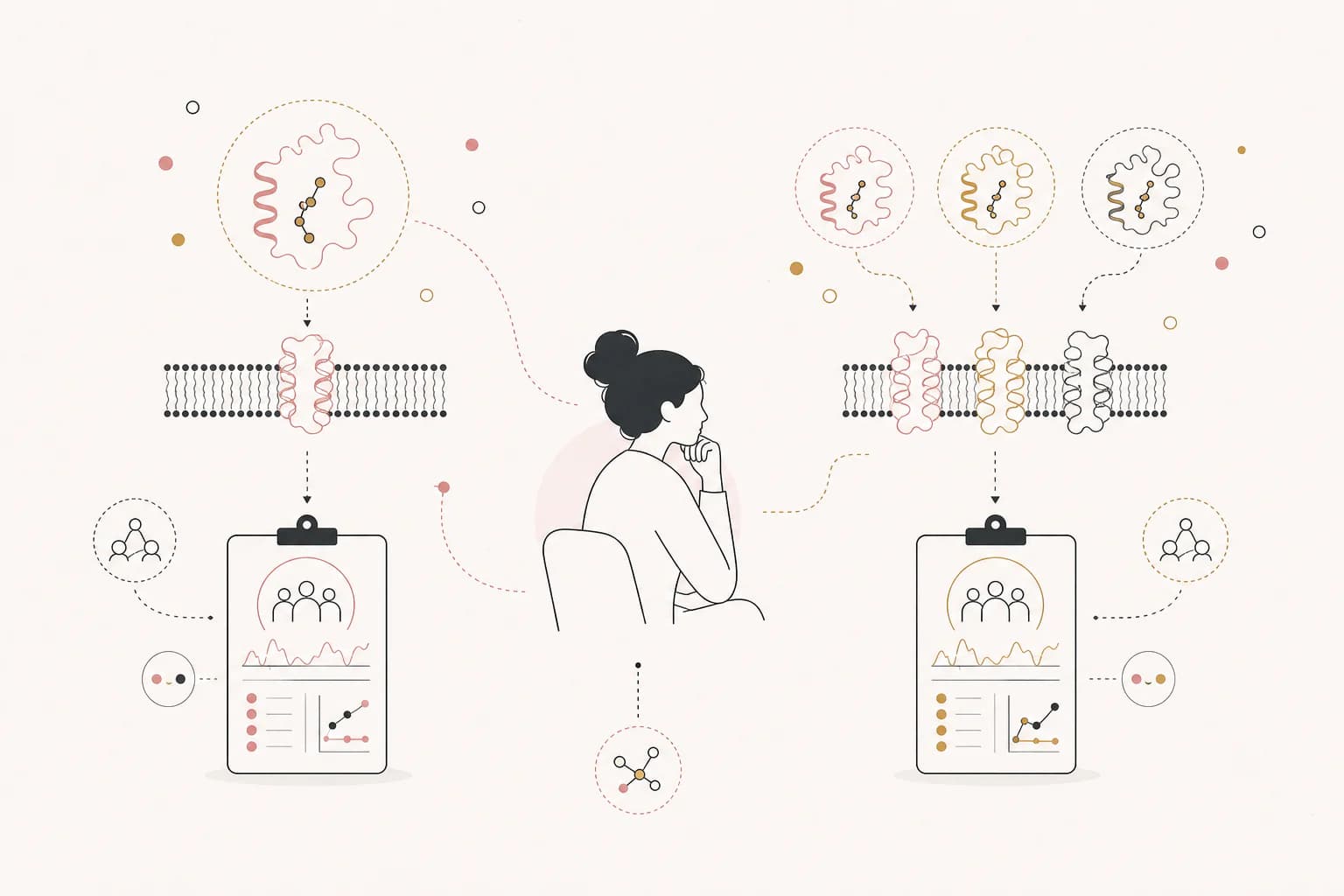 Editorial illustration for “Cagrilintide vs retatrutide: very different next-generation strategies,” showing a Filipino reader examining the research context.
