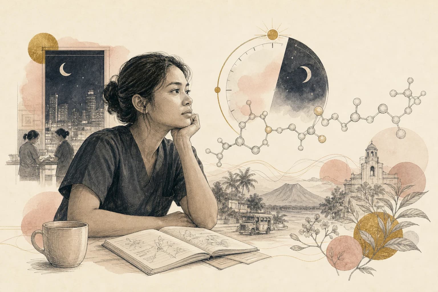 Editorial illustration for “Can a peptide fix night-shift fatigue? Why the question needs better framing,” created for Philippine readers.