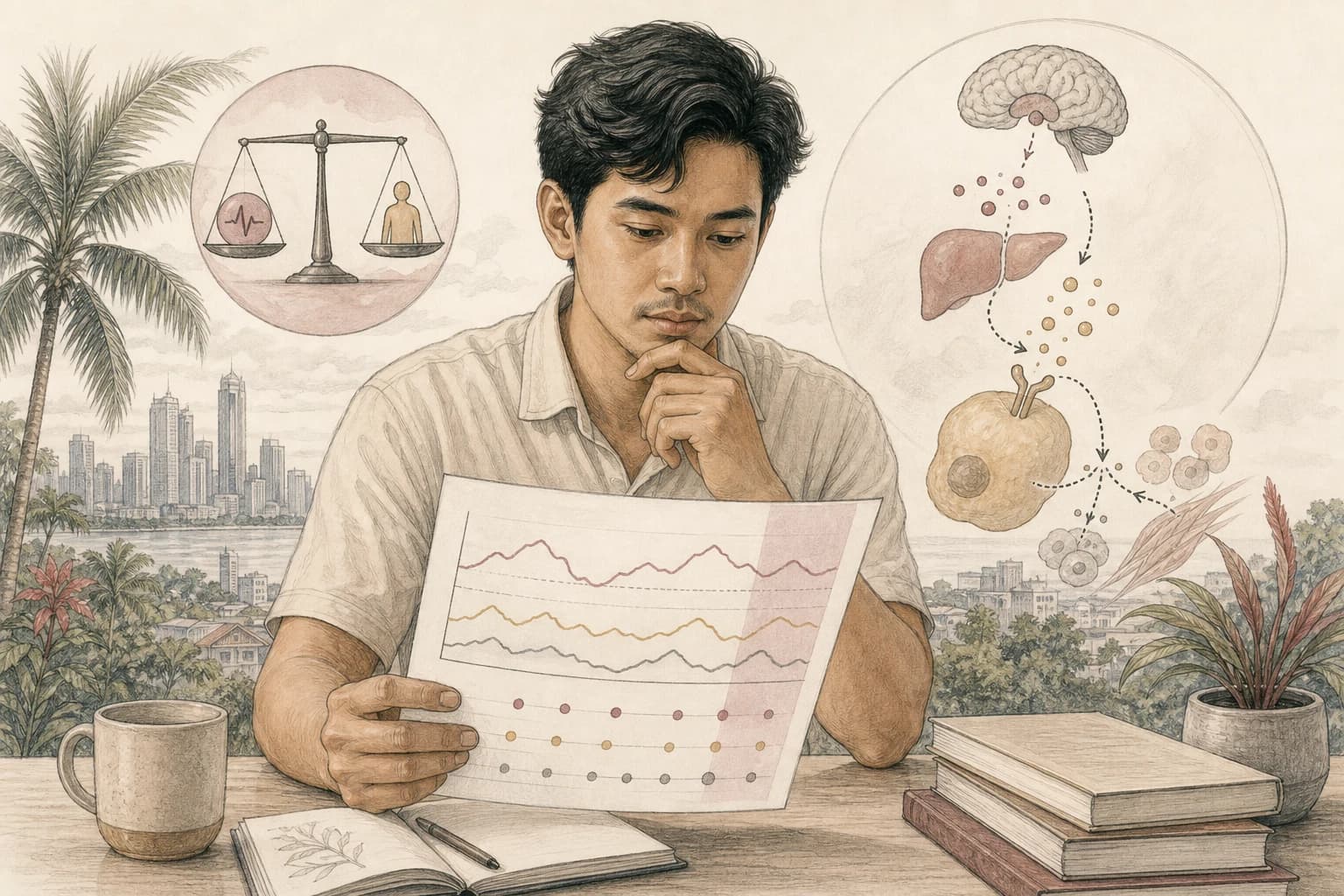 Editorial scene explaining CJC-1295, growth hormone, and IGF-1: reading biomarkers correctly for Filipino readers