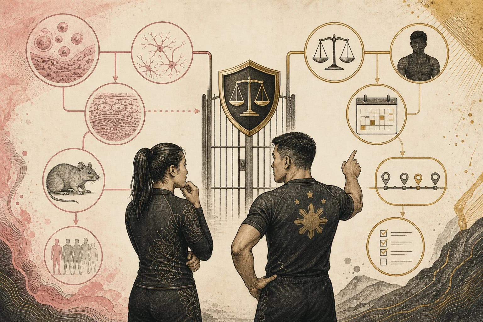Editorial illustration of a Filipino combat-sport athlete reviewing recovery research and anti-doping rules.