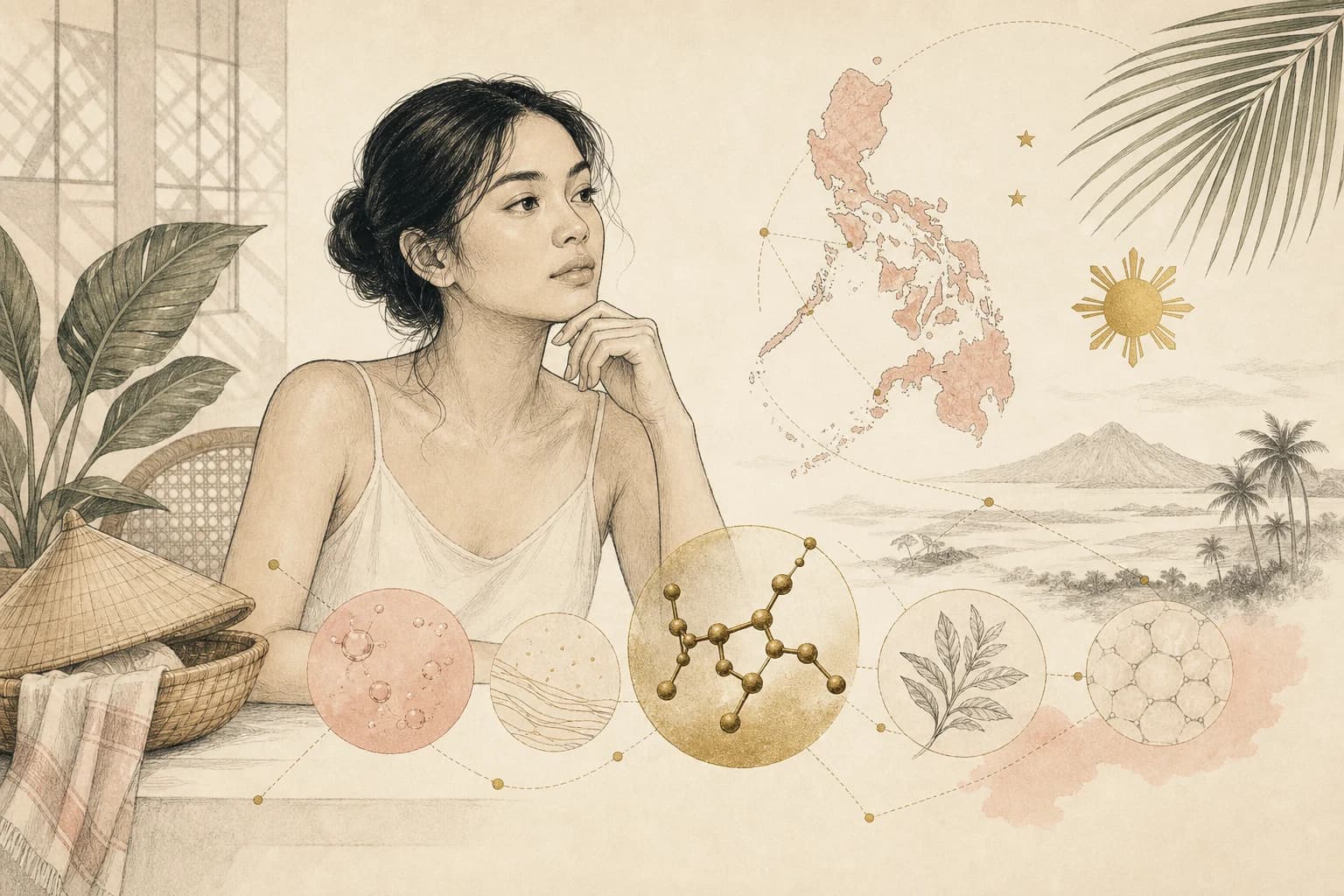 Editorial illustration for “Copper peptides vs familiar skincare actives: where GHK-Cu fits in a Filipino routine,” created for Philippine readers.