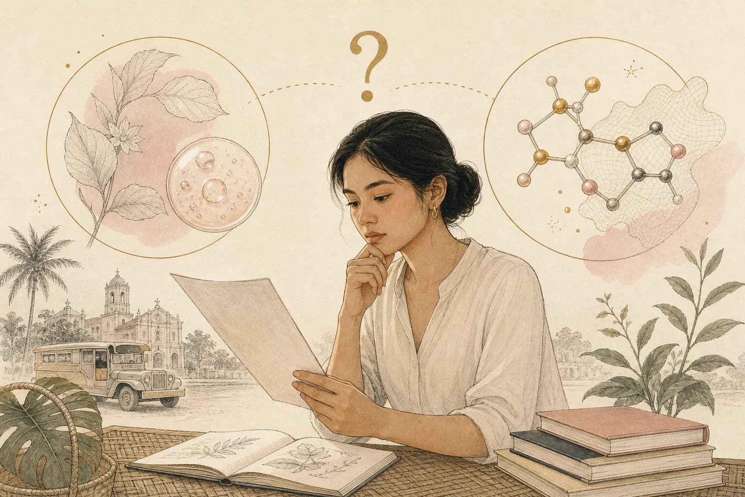 Editorial illustration for “Cosmetic ingredient or research compound? How to read GHK-Cu listings,” created for Philippine readers.