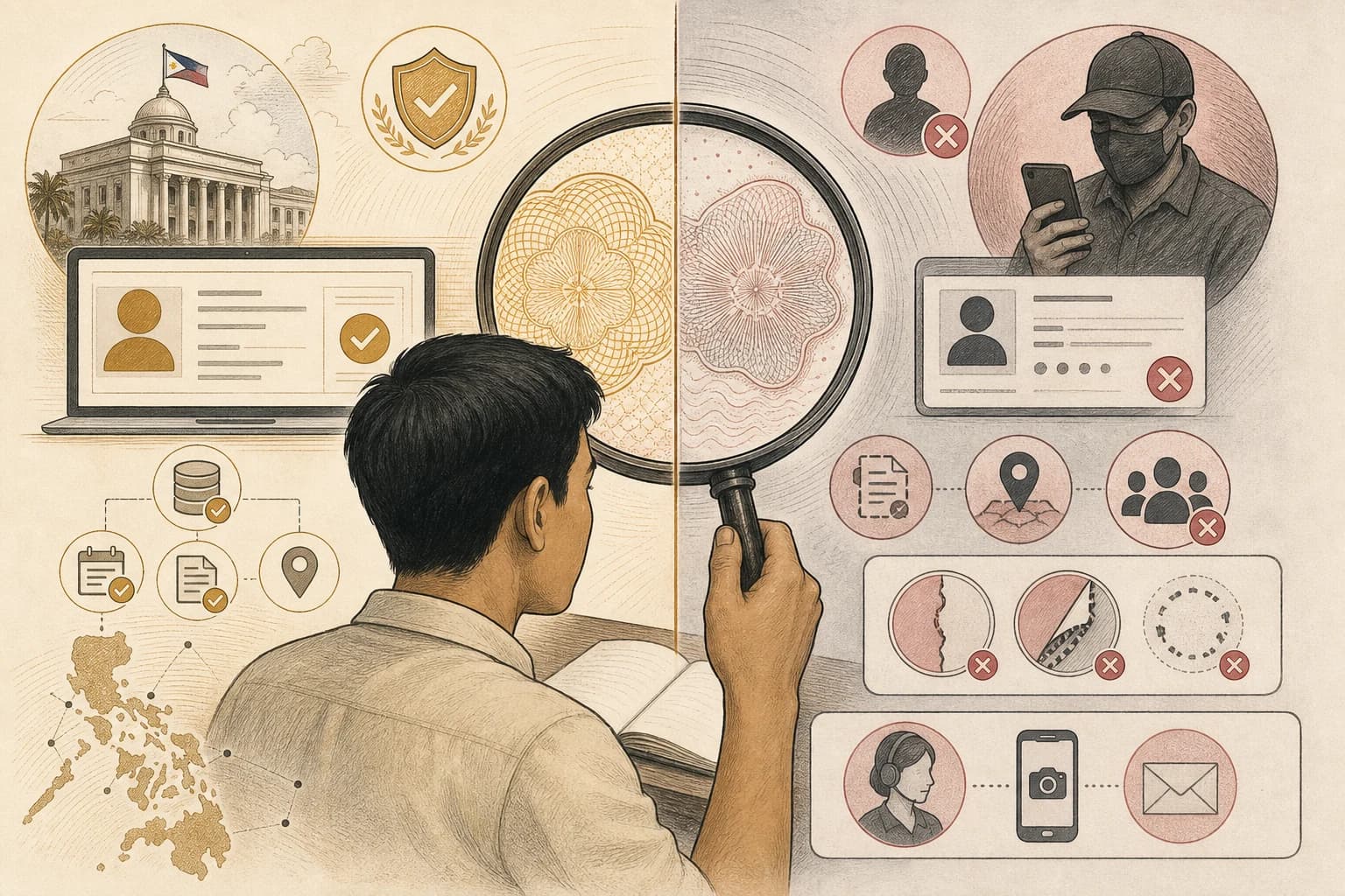 Editorial illustration for a Philippine buyer-safety guide to counterfeit pens and copied medicine packaging.