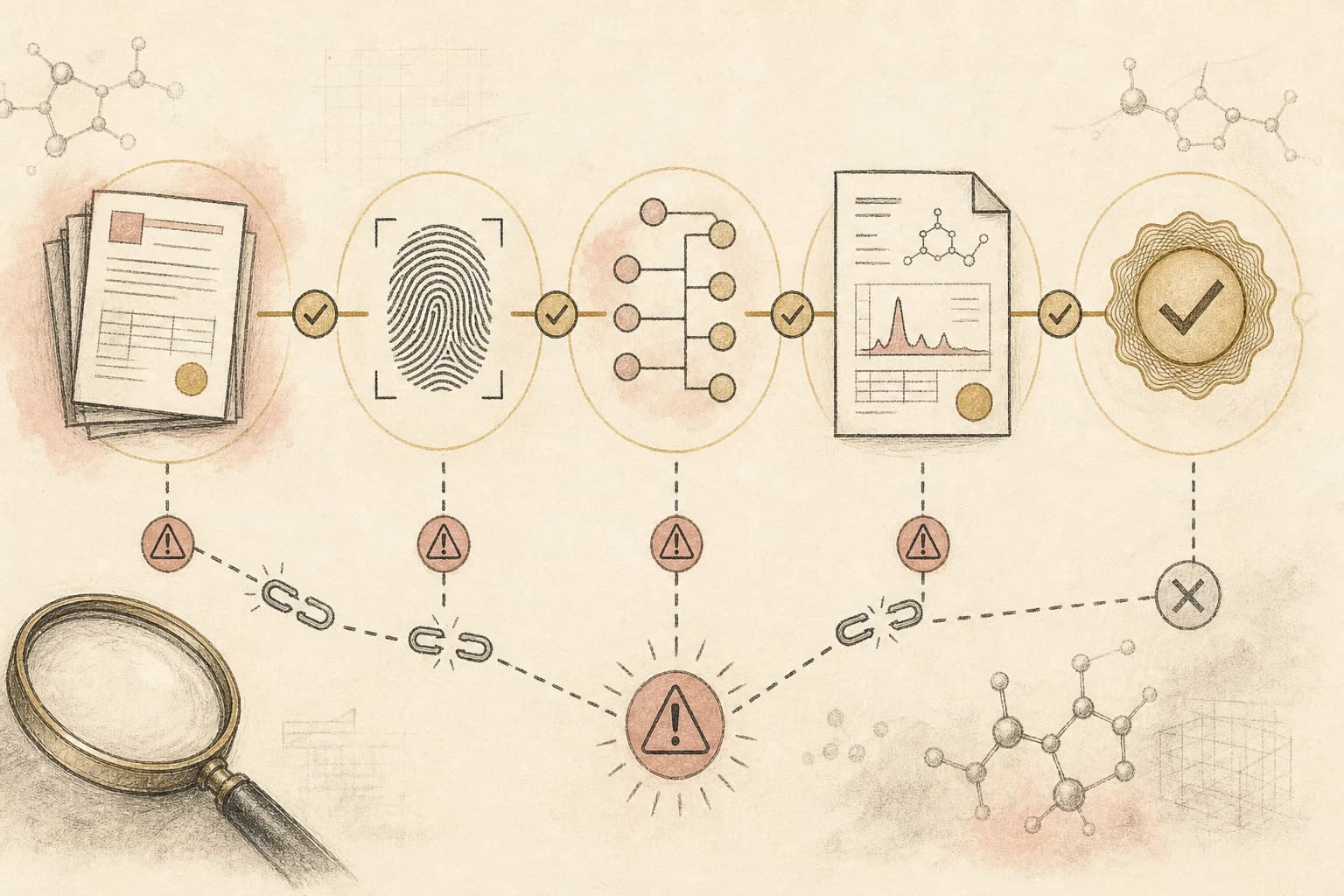 Evidence map showing the source, identity, traceability, and laboratory checks used to assess counterfeit risk.