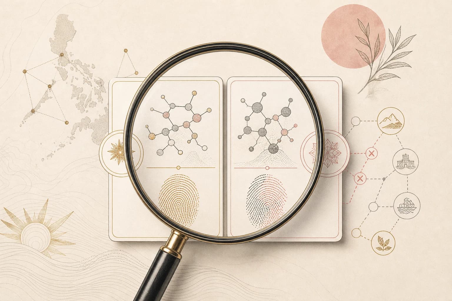 Editorial illustration comparing two similar labels through molecular identity and provenance checks.