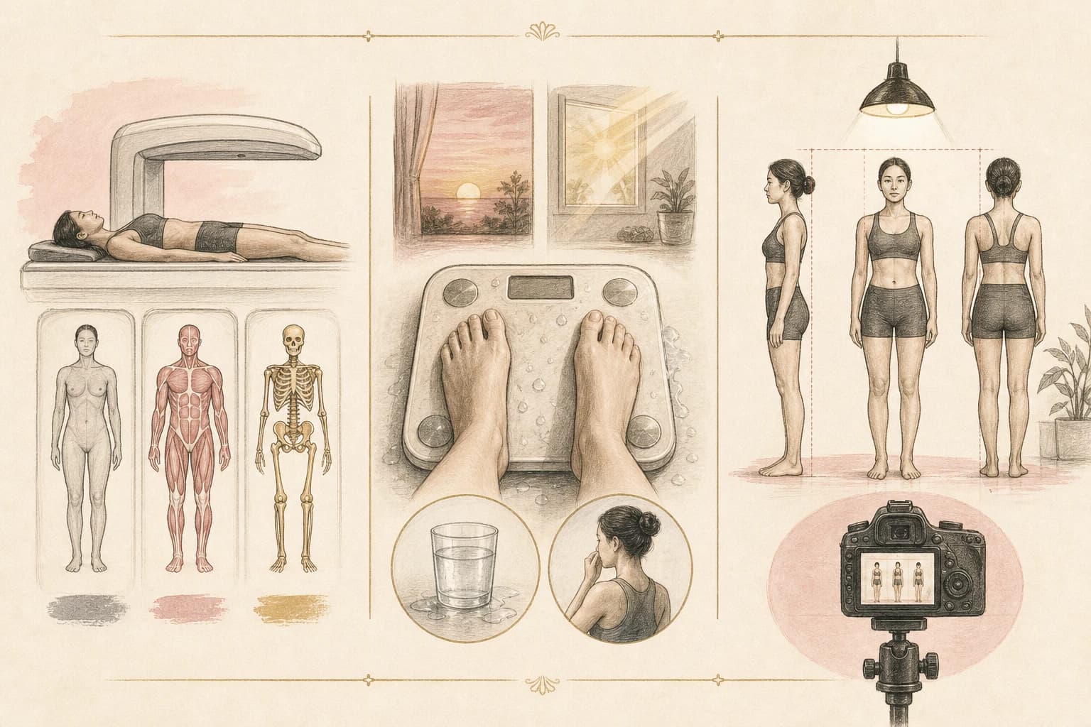 Measurement map showing what DEXA, bioimpedance, and photography each estimate