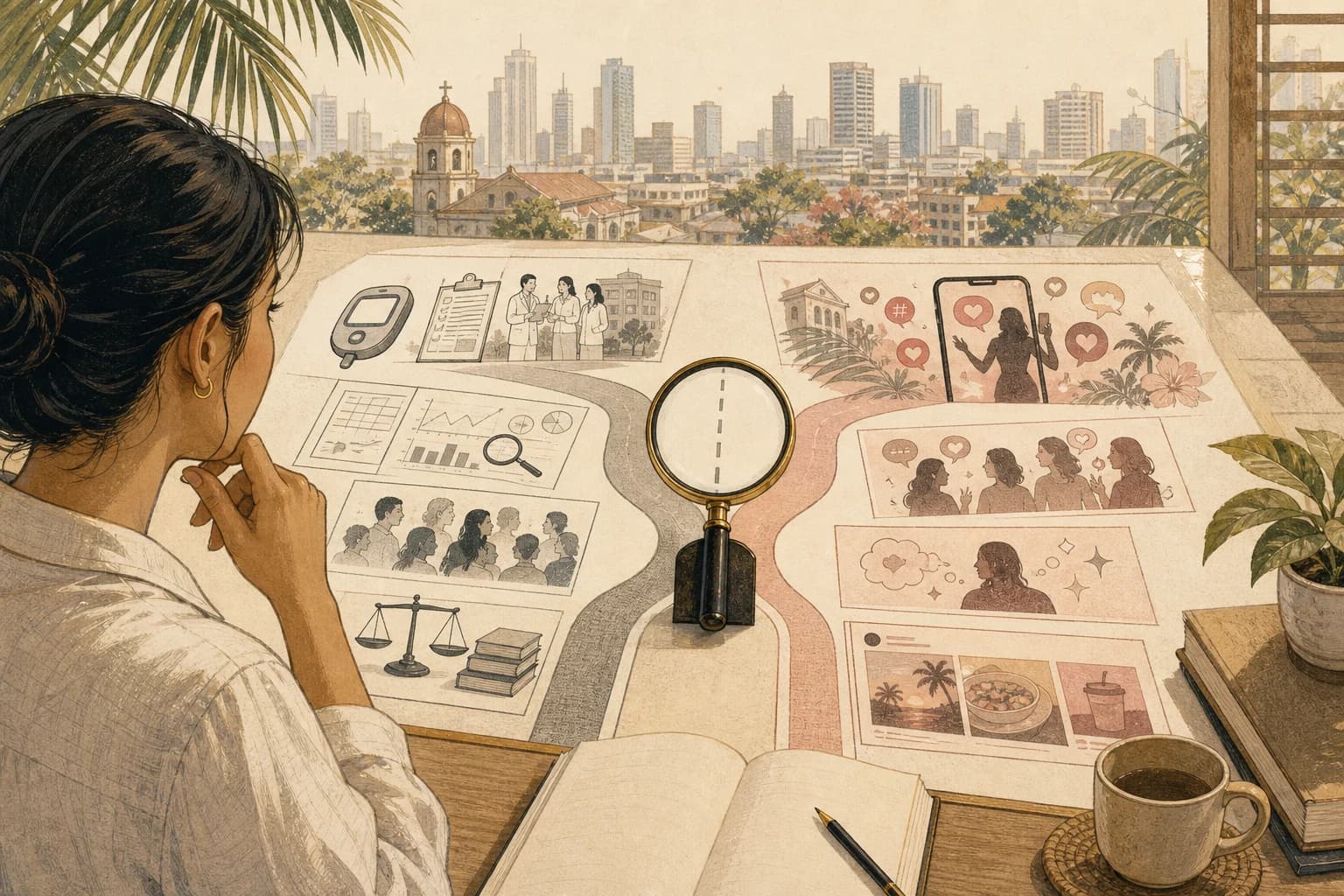 Editorial illustration for a Philippines-focused guide to diabetes medicine and weight-loss trend claims.