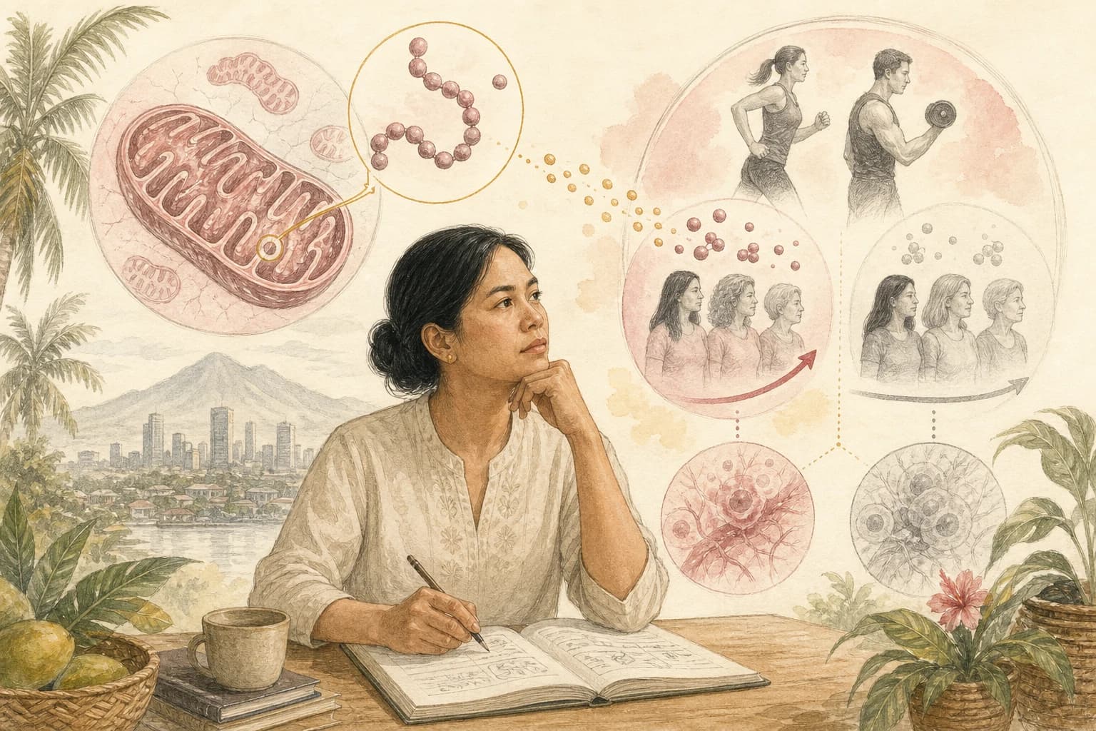 Editorial scene explaining Exercise, mitochondria, and MOTS-c: why the basic biology matters for Filipino readers
