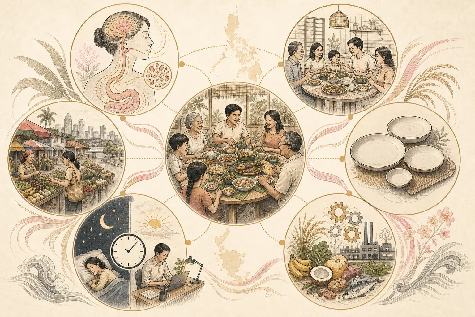 Evidence map linking appetite biology, social meals, portions, food processing, sleep, and food environments.