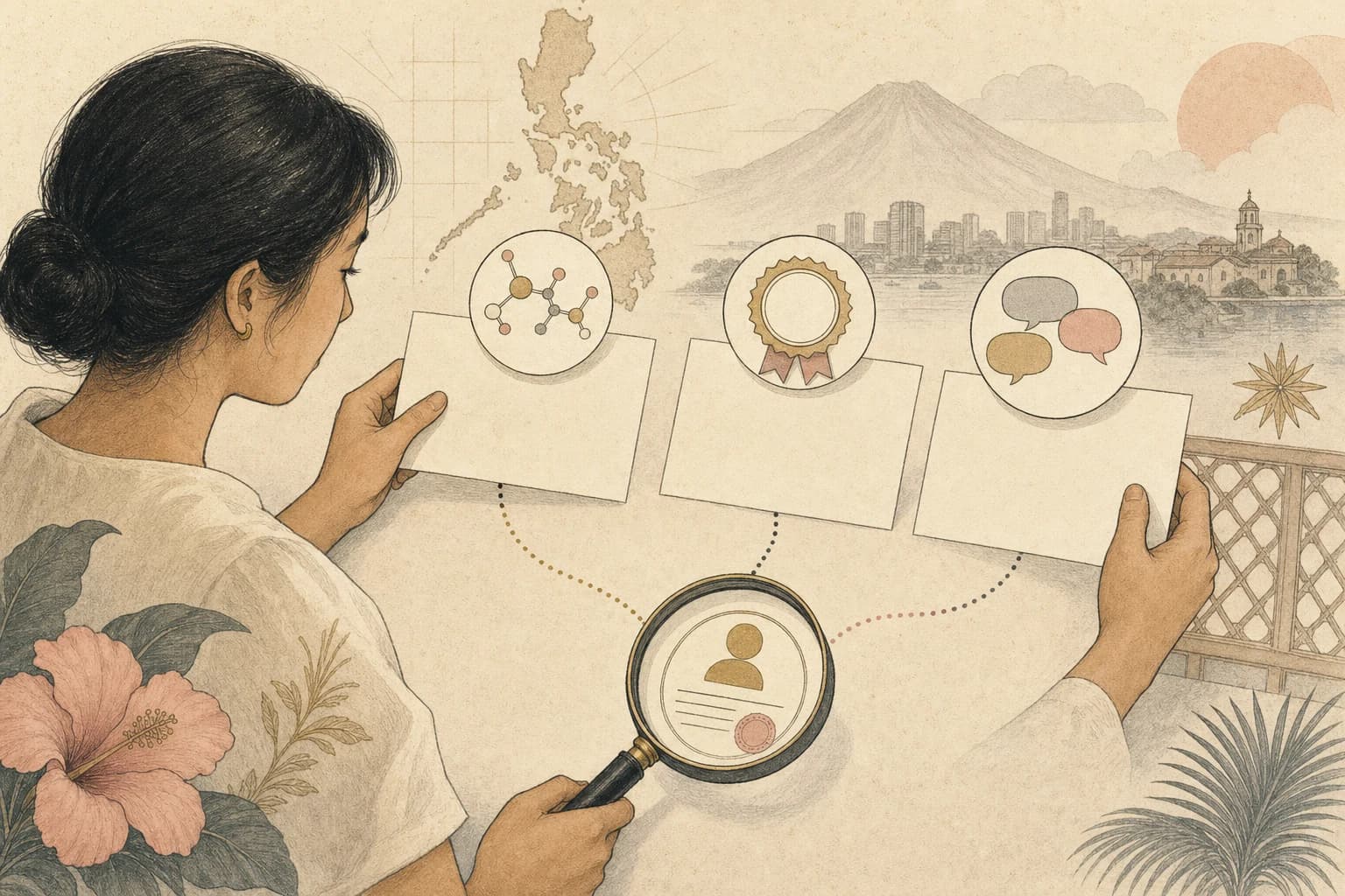 Editorial illustration of a Filipino reader sorting generic names, brand names, and informal seller labels.
