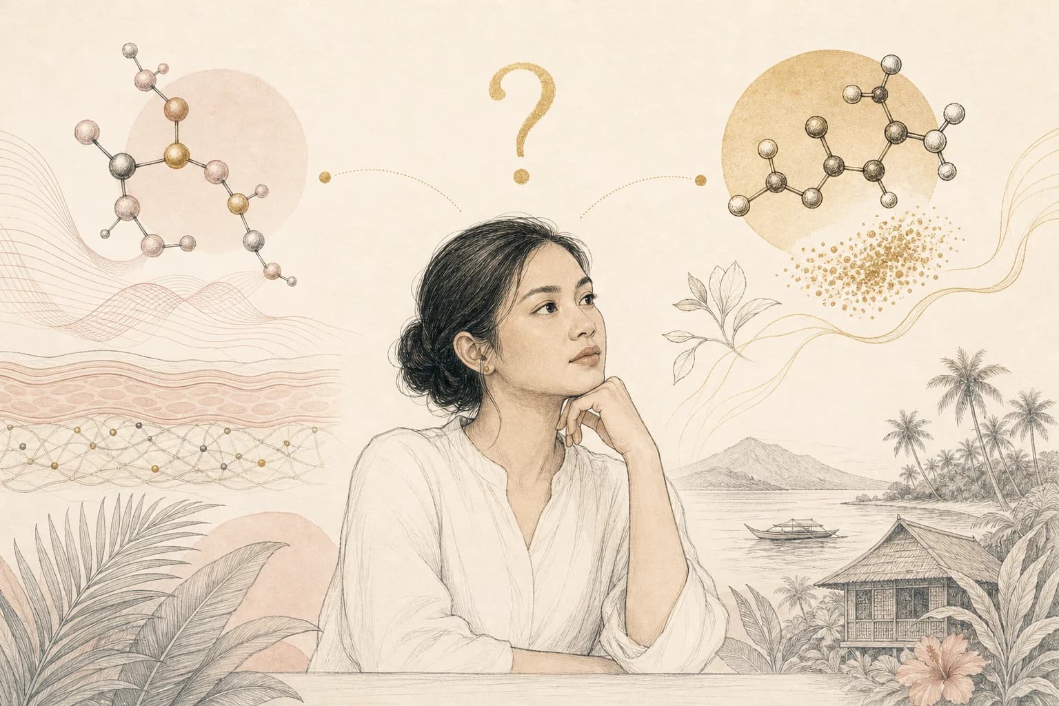 Editorial illustration for “GHK-Cu and glutathione: why two beauty trends should not share claims,” created for Philippine readers.