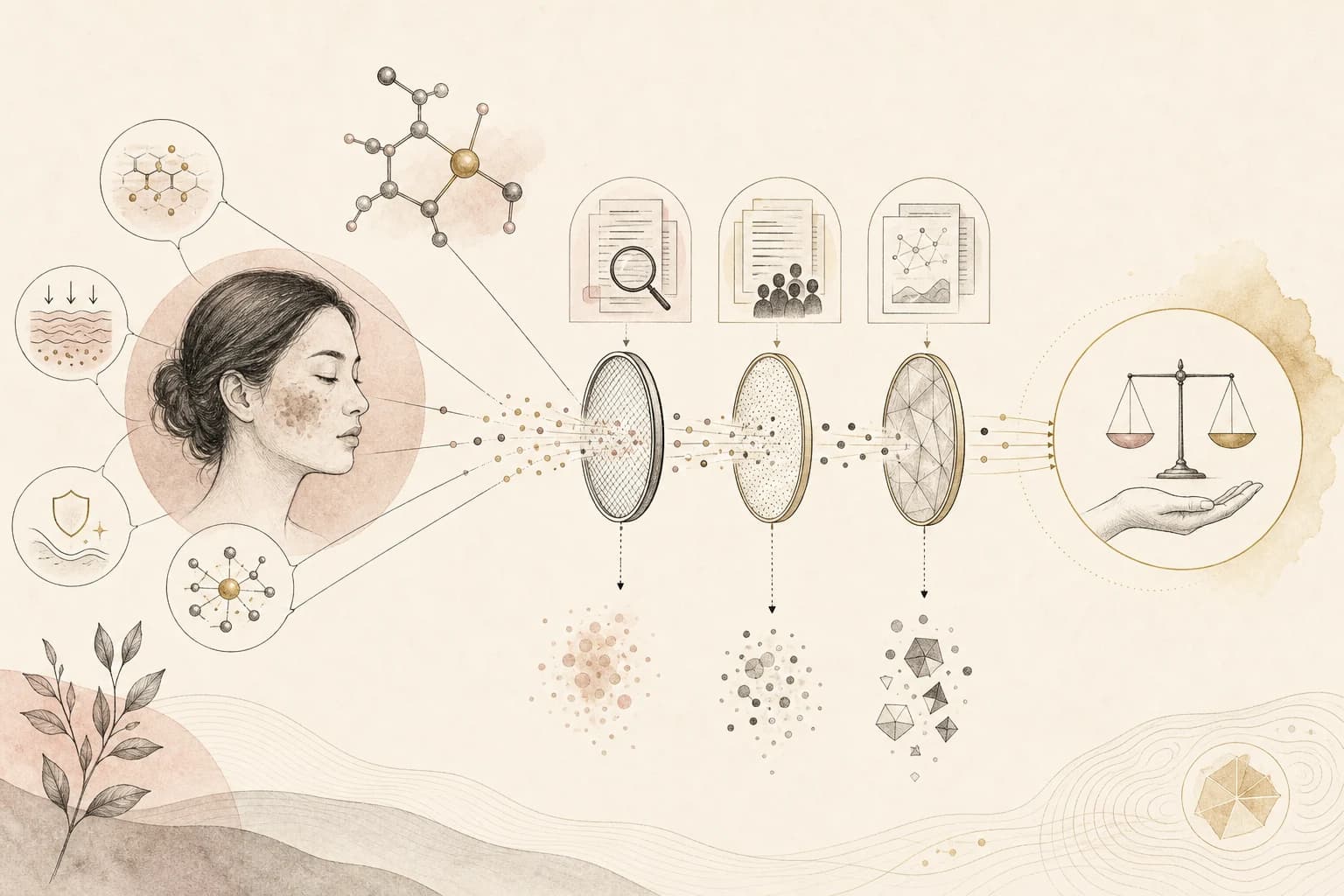 Evidence map separating claims, source verification, study context, and uncertainty for “GHK-Cu and melasma claims: why related skin biology is not proof of treatment.”