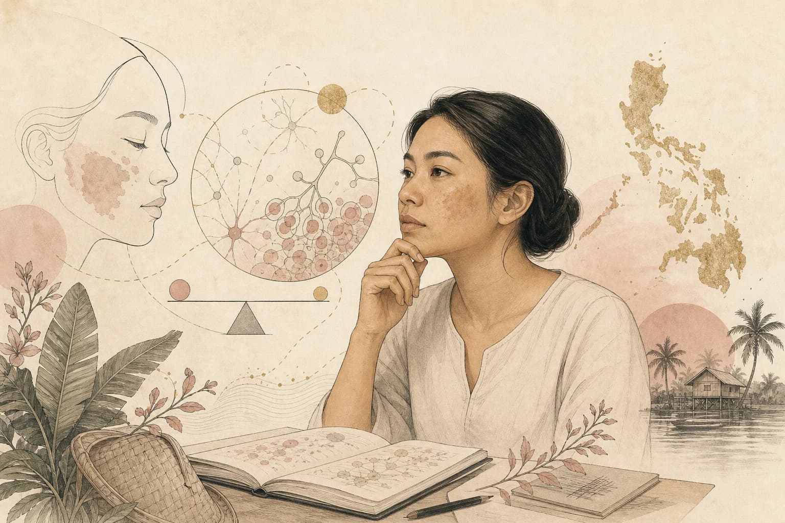 Editorial illustration for “GHK-Cu and melasma claims: why related skin biology is not proof of treatment,” created for Philippine readers.