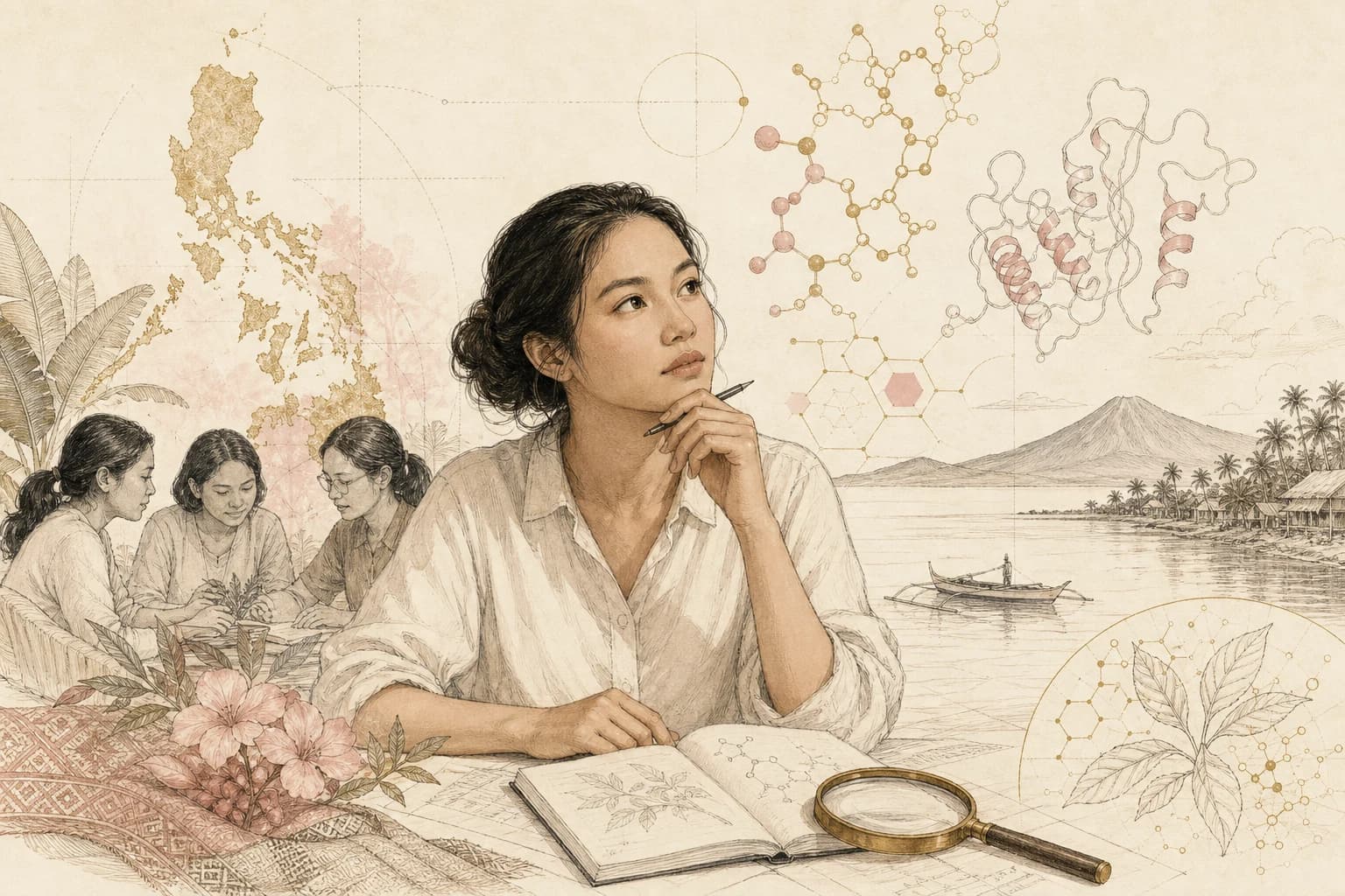 Editorial illustration for “GLOW and KLOW in Philippine peptide groups: decode the ingredients first,” created for Philippine readers.
