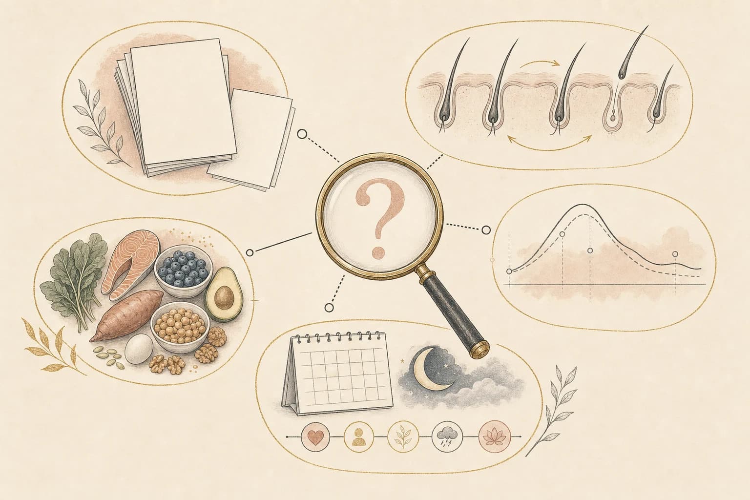 Evidence map separating medicine-label reports, hair-cycle timing, weight change, nutrition, and unanswered causal questions.